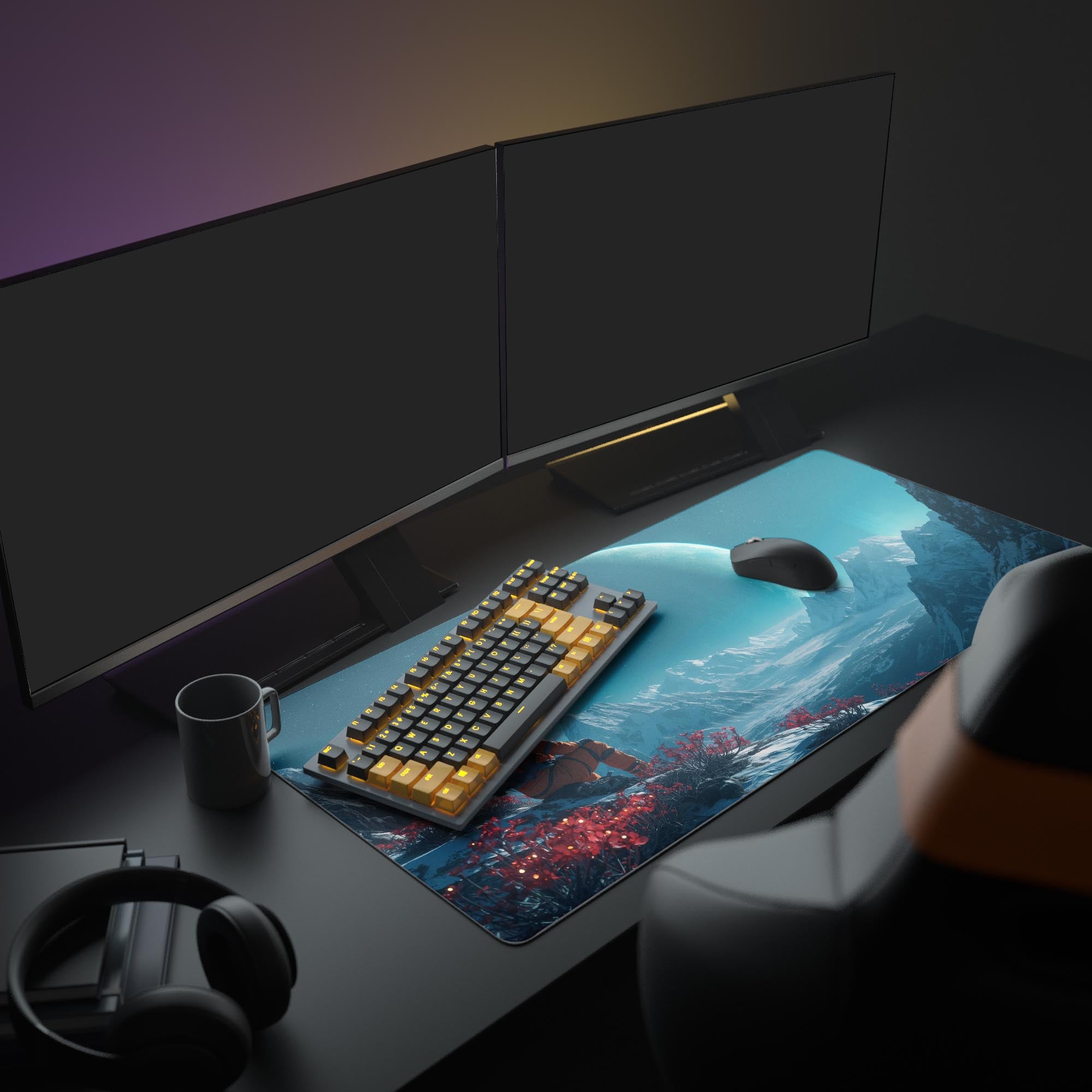 Large sci-fi desk mat with astronaut and teal planet design. Shown in a complete desk setup with dual monitors and headphones for a space aesthetic. - Epic Design Pads & Mousepads