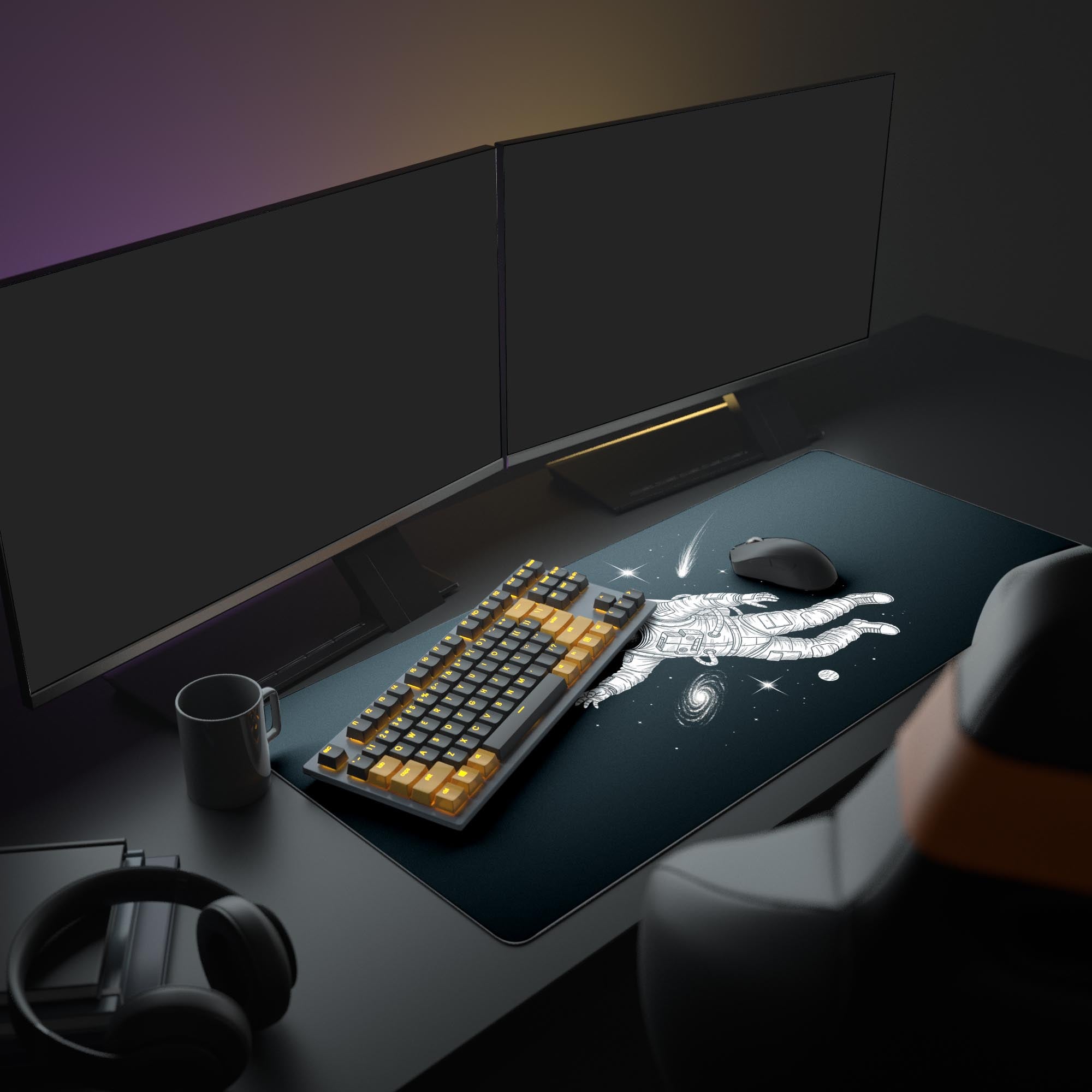 Large space theme mouse pad featuring an astronaut in a full gaming setup with dual monitors and aesthetic RGB lighting. - Epic Design Pads