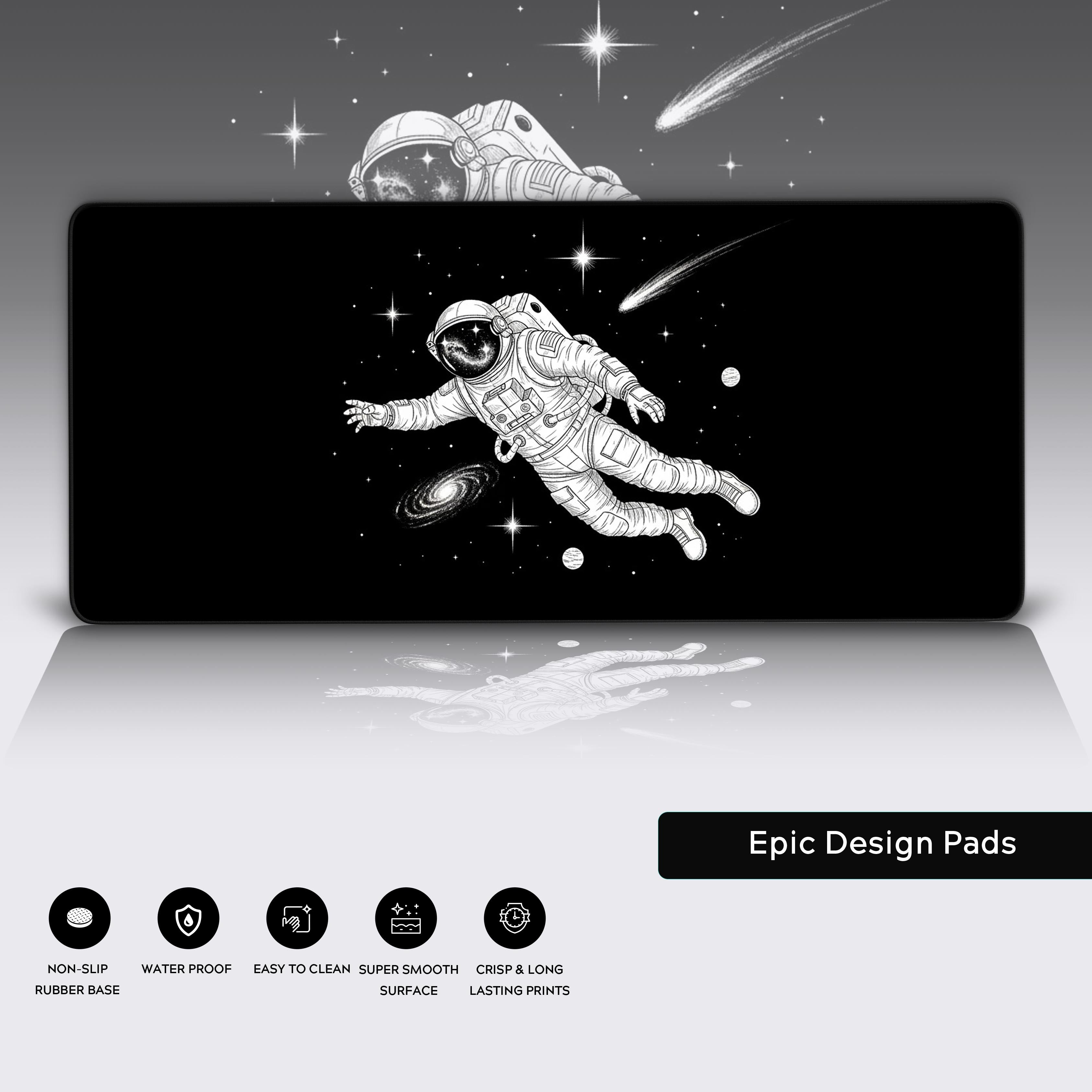 Close-up of The Void astronaut desk mat highlighting the premium stitched edges and smooth, non-slip surface. - Epic Design Pads