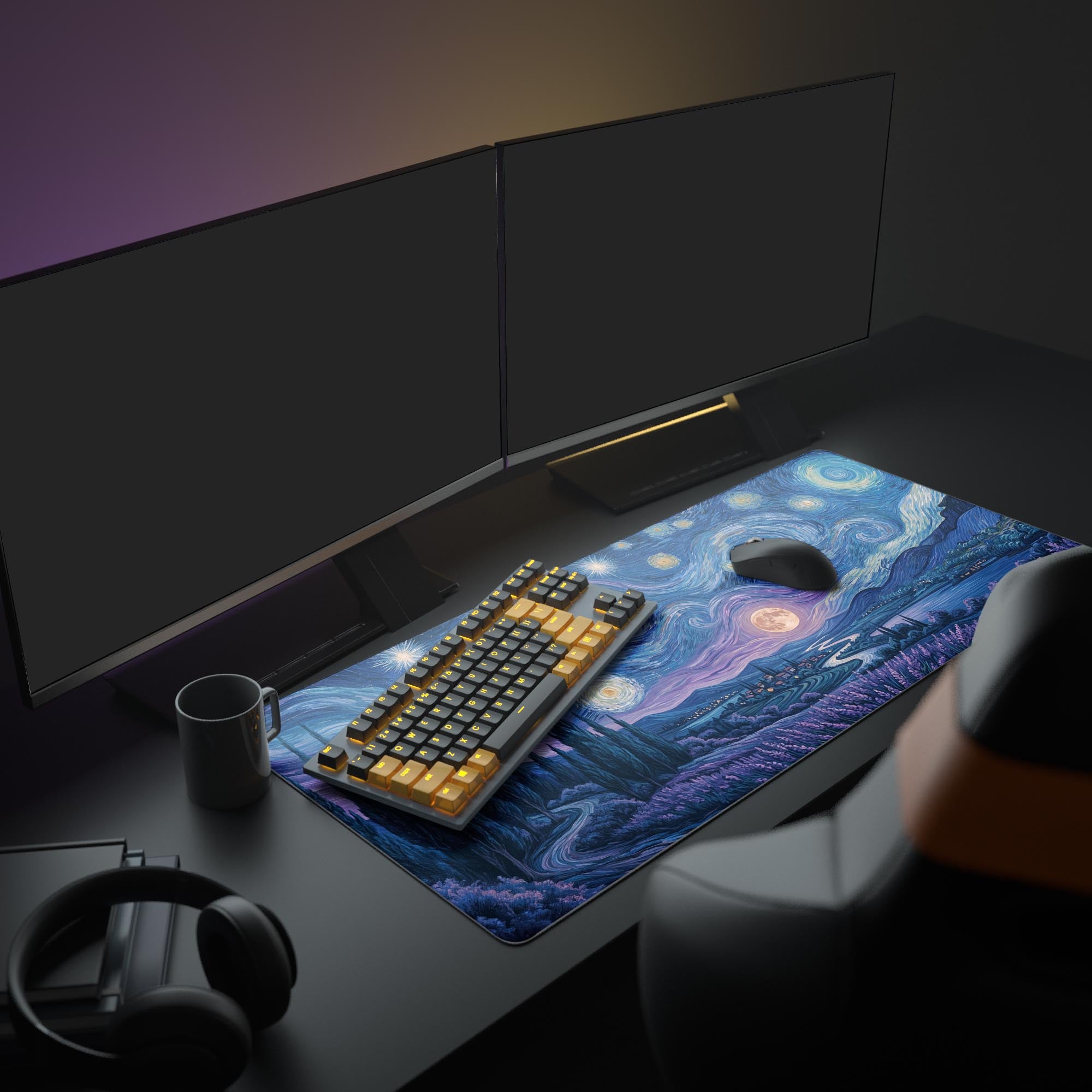 A full PC setup featuring the artistic Midnight Lavender gaming desk mat, which adds a vibrant, creative touch to the workspace with its swirling blue and purple design.