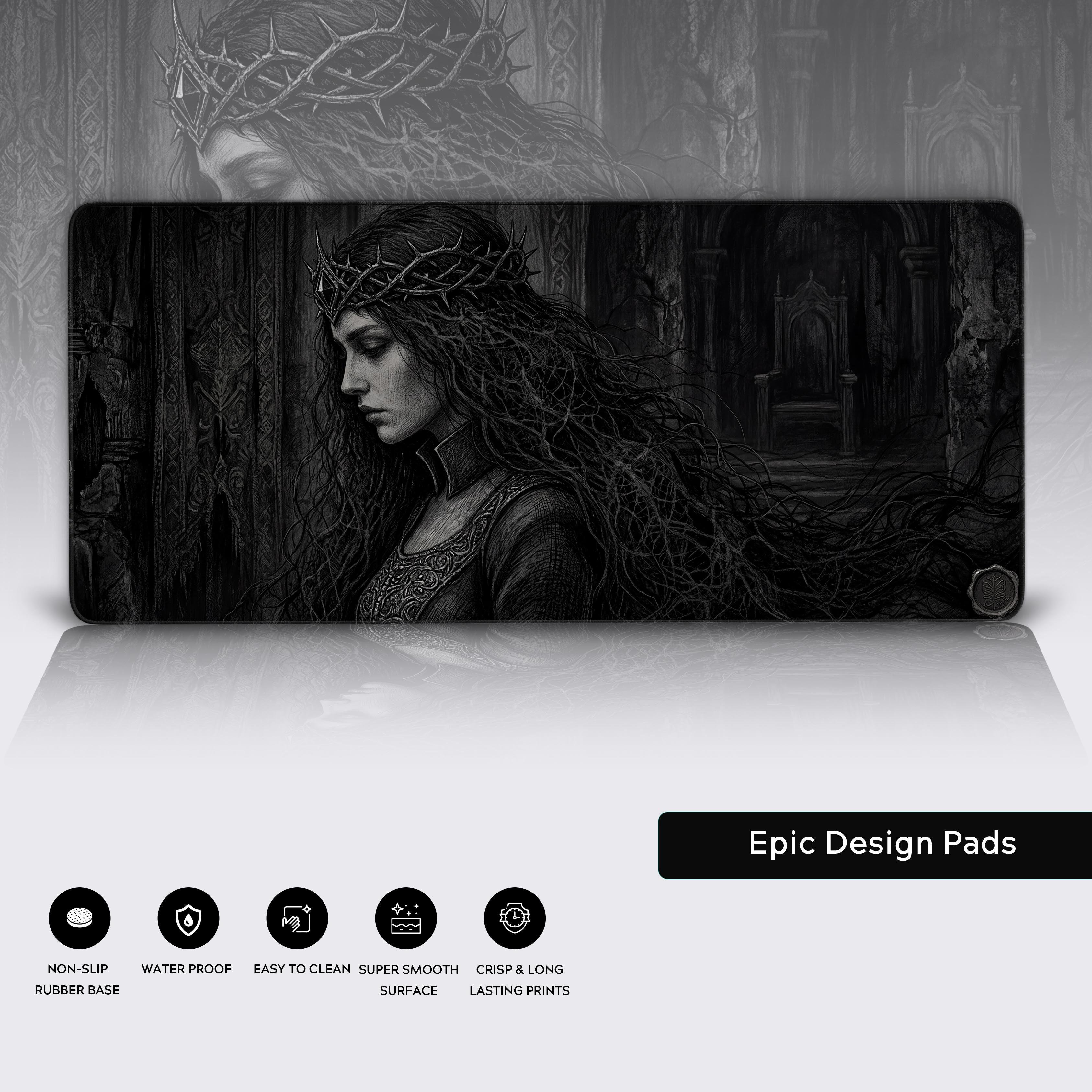 Features of the Thorned Queen desk mat including non-slip base and waterproof surface