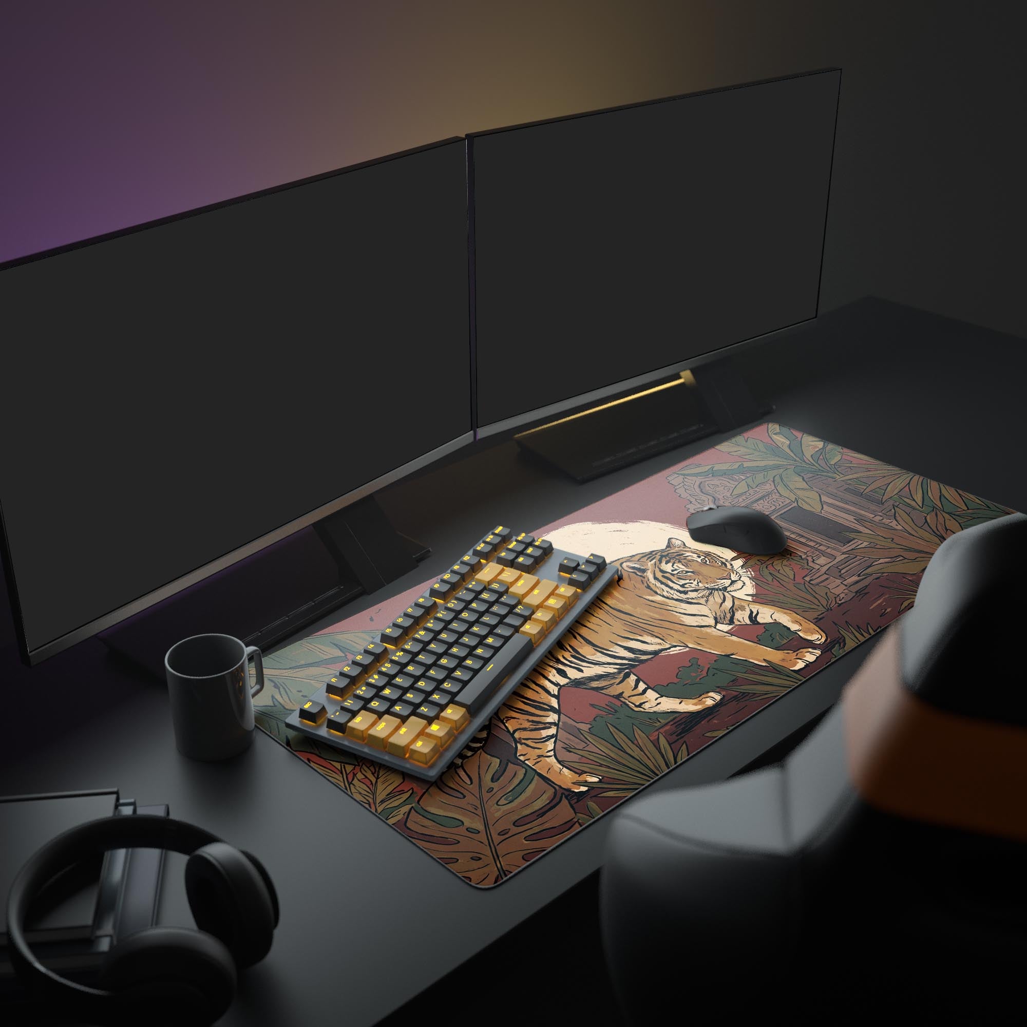 Close-up of the waterproof and smooth surface of the tiger and temple ruins desk mat.