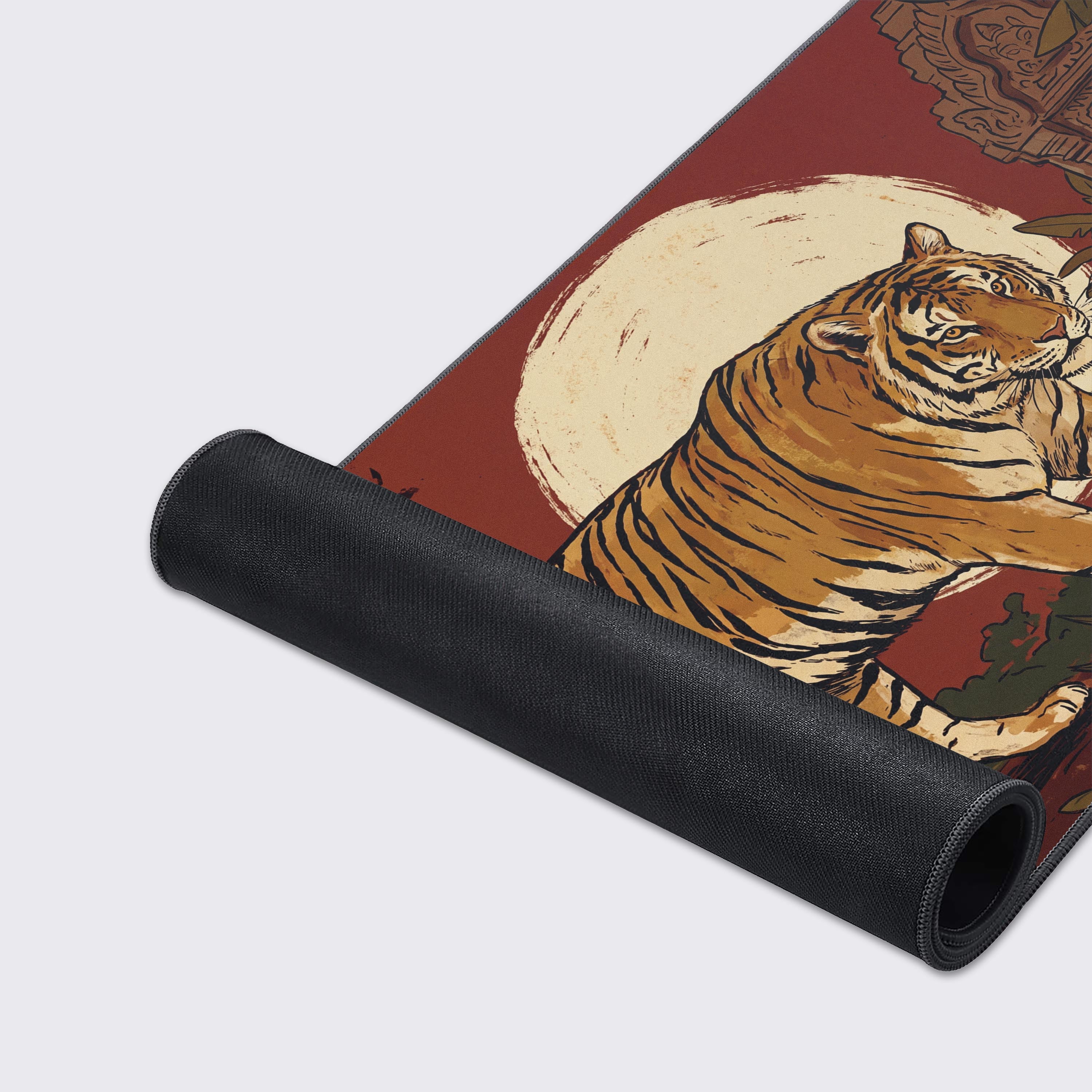 Product features icons highlighting non-slip base, waterproof, easy to clean, and crisp printing for the desk mat.