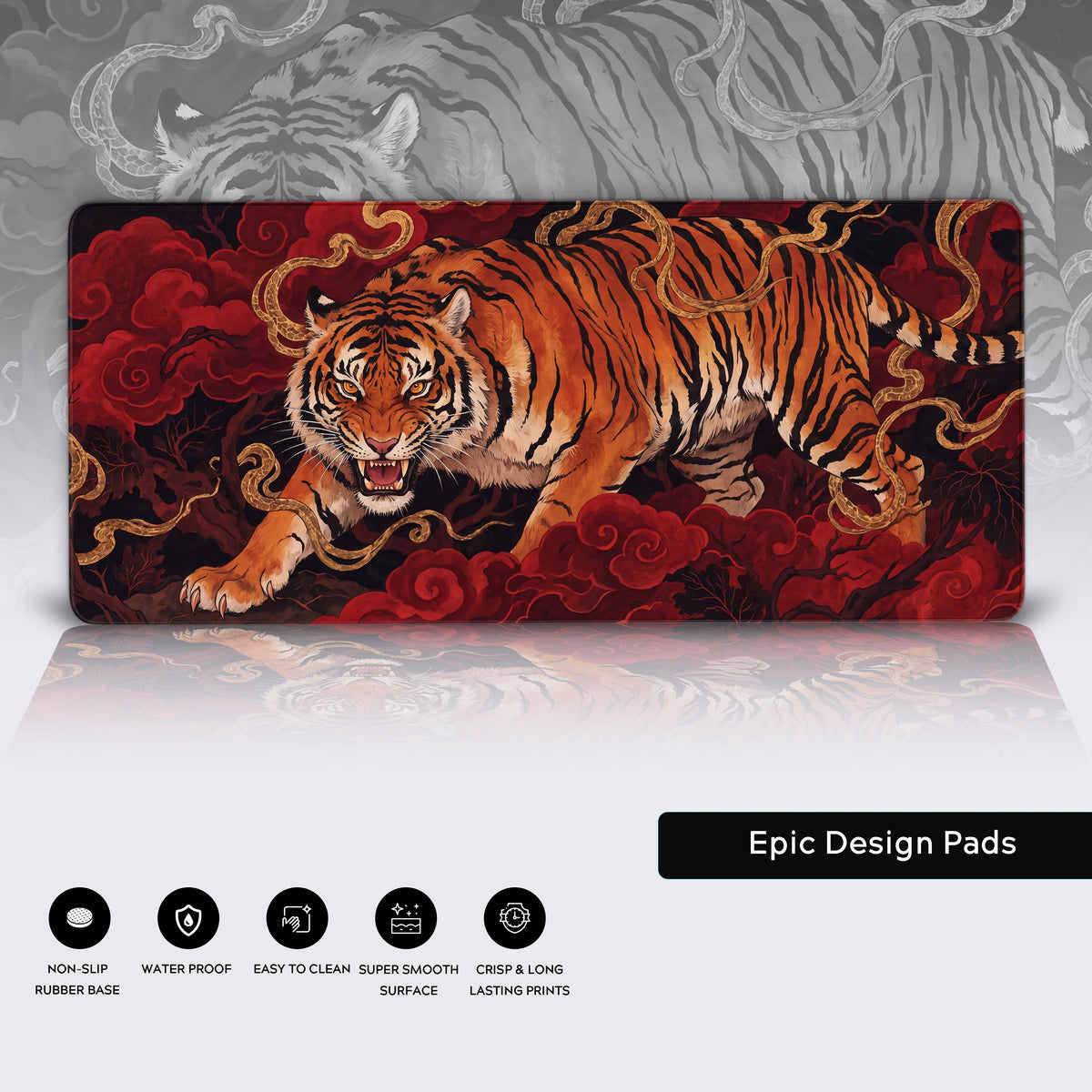 Fierce mythological tiger desk mat sitting flat against a studio background.