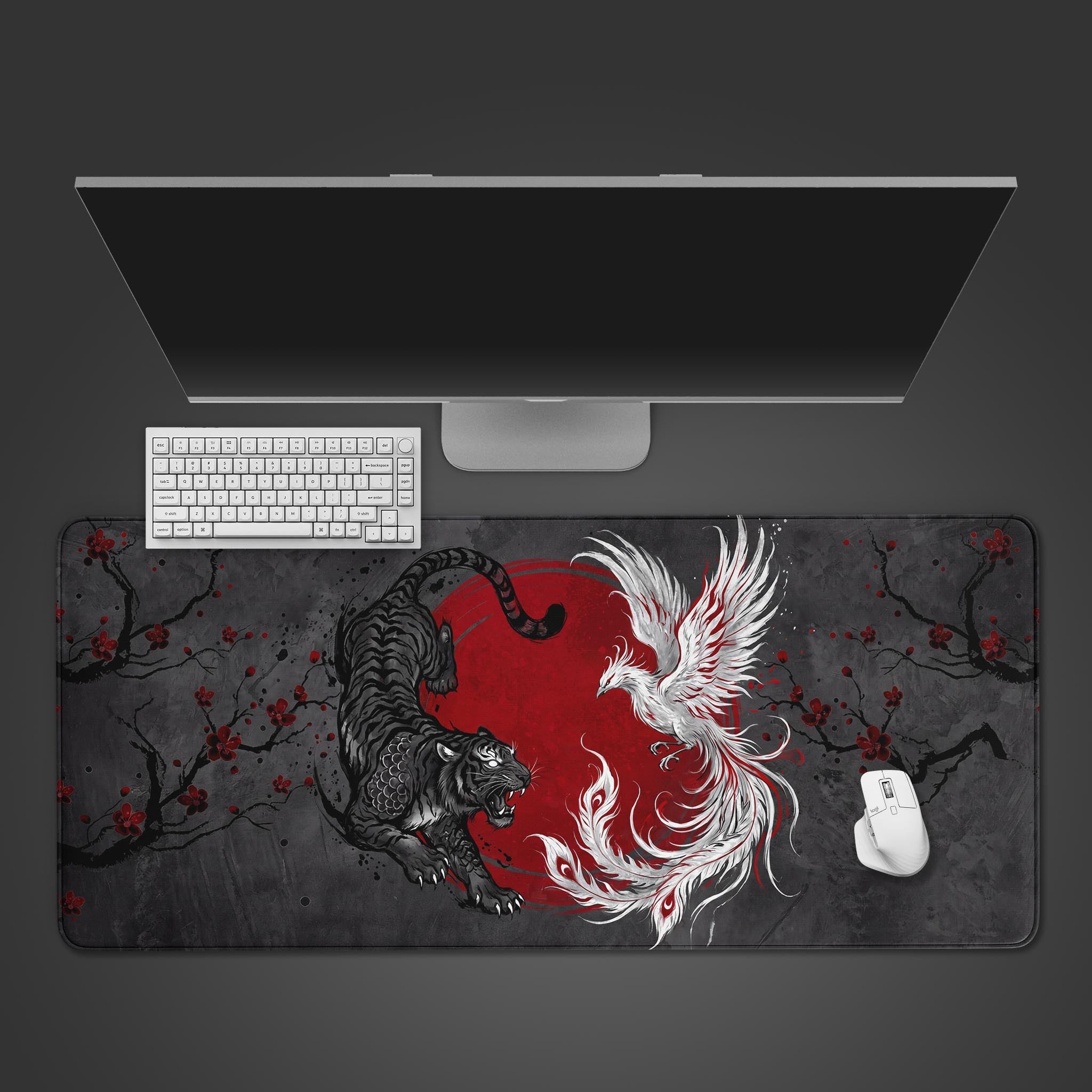 Top-down view of the Tiger and Phoenix desk mat featuring a black tiger and white phoenix swirling around a red sun