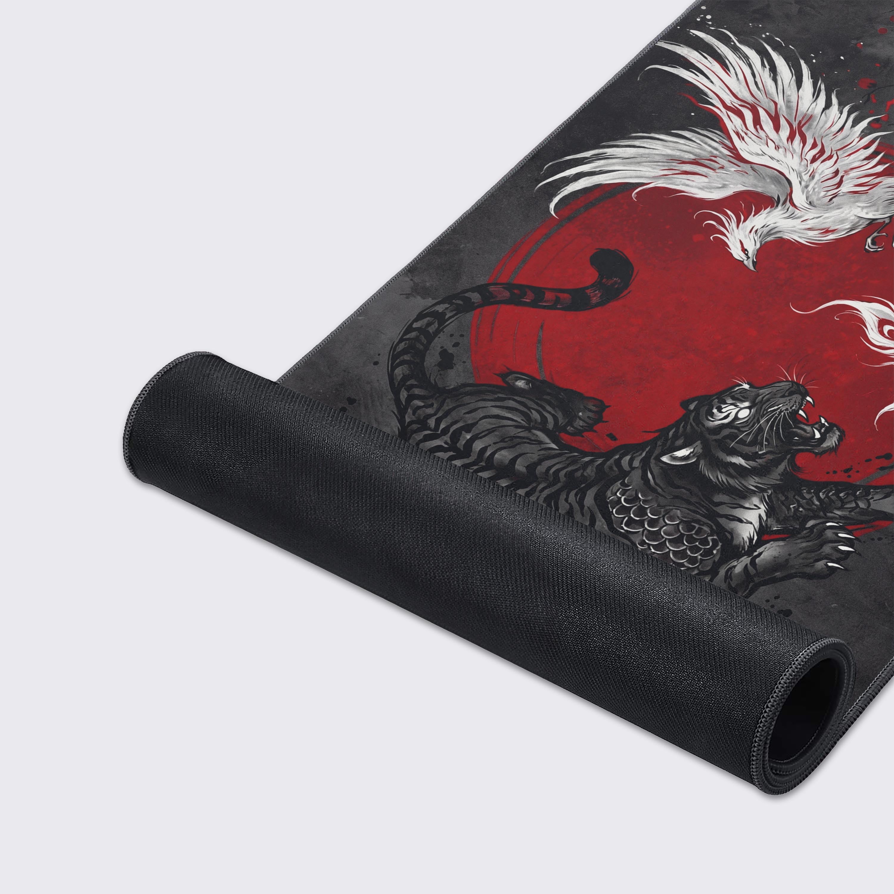 Detailed view of the red cherry blossoms and red sun motif on the dark grey grunge background