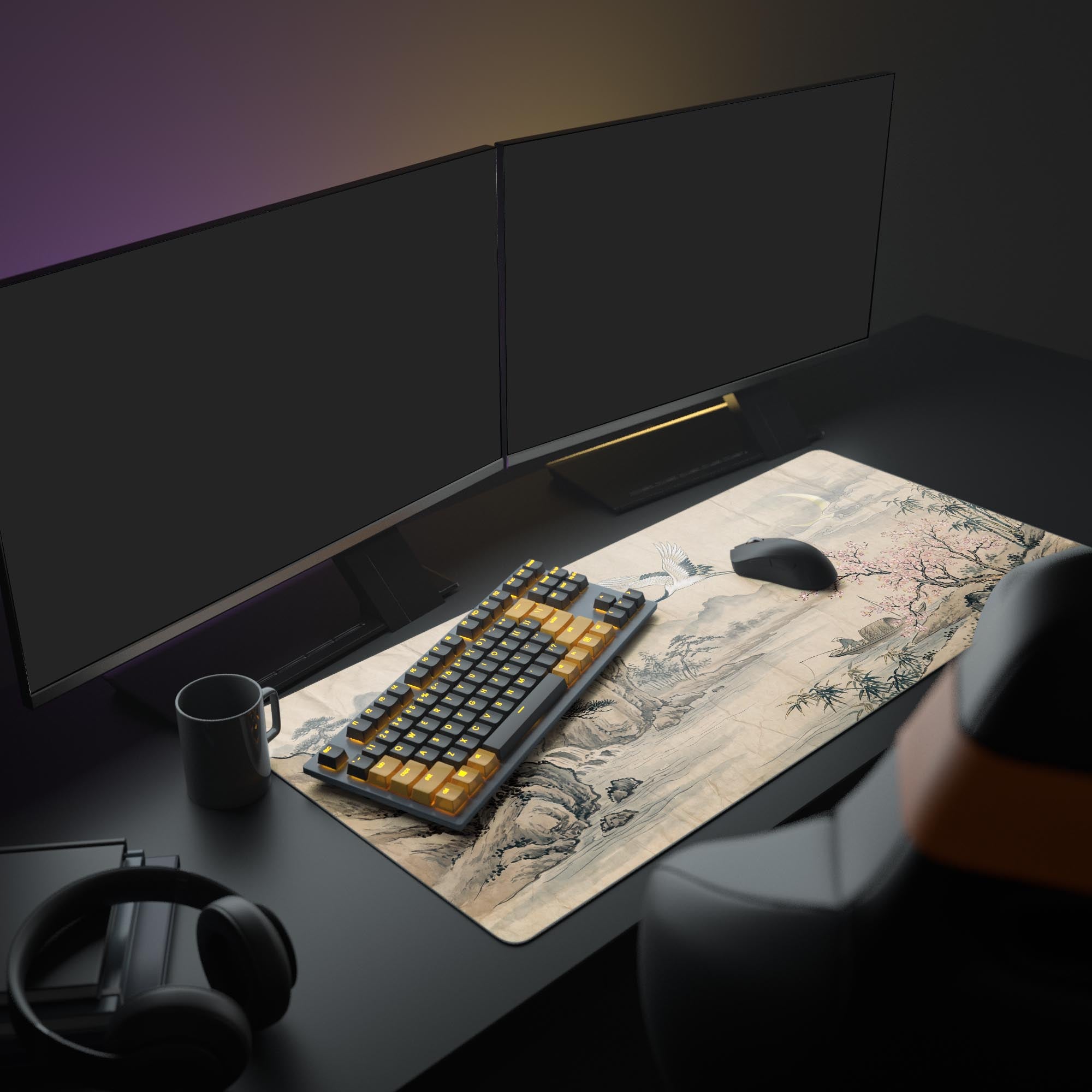 A serene PC setup with the Timeless Voyage mouse pad as a centerpiece, showing a monitor, keyboard, and mouse in a calm, focused workspace. - Epic Design Pads & Mousepads