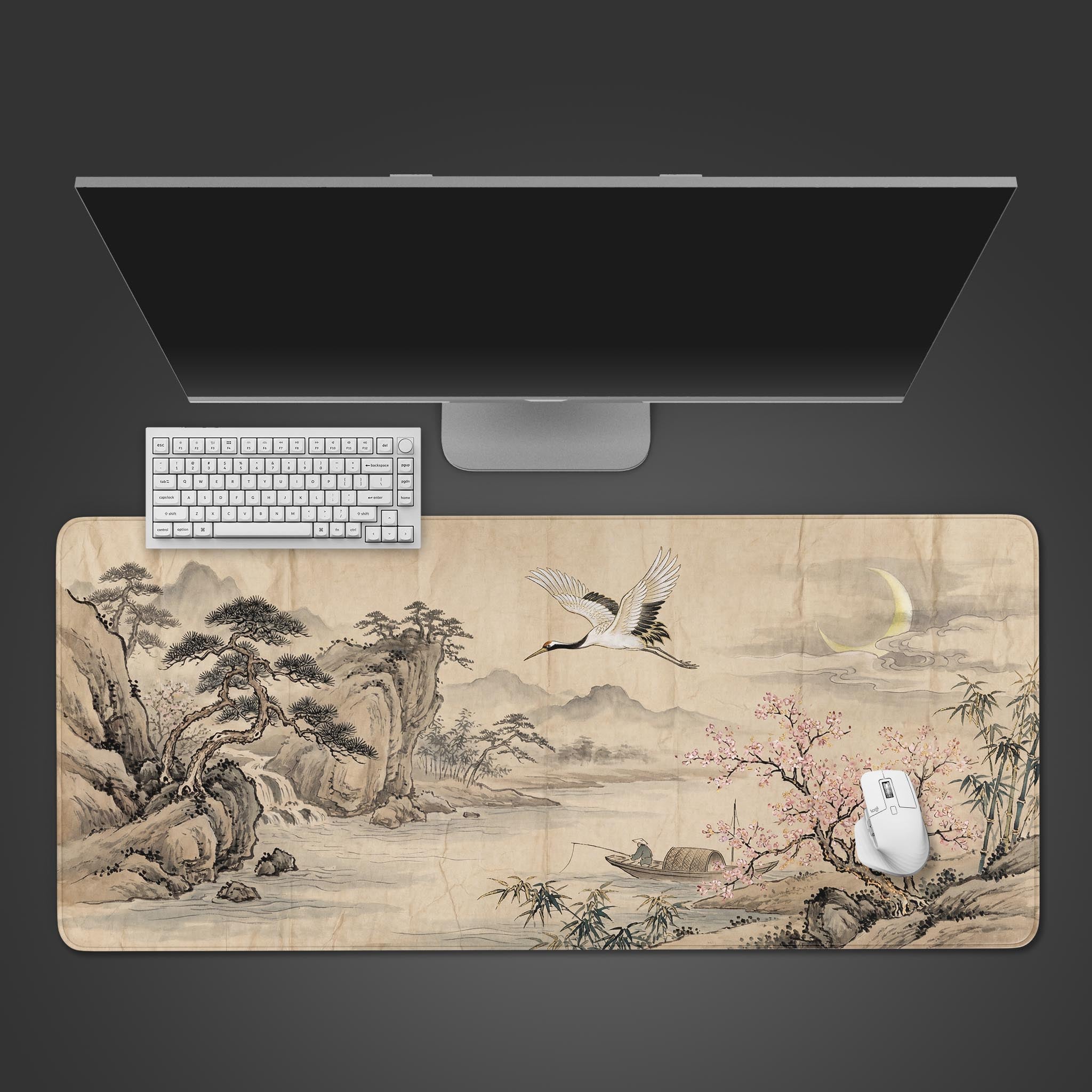Top-down view of the Timeless Voyage gaming desk mat, featuring a Chinese ink painting, with a white keyboard and mouse on a dark grey surface. - Epic Design Pads & Mousepads