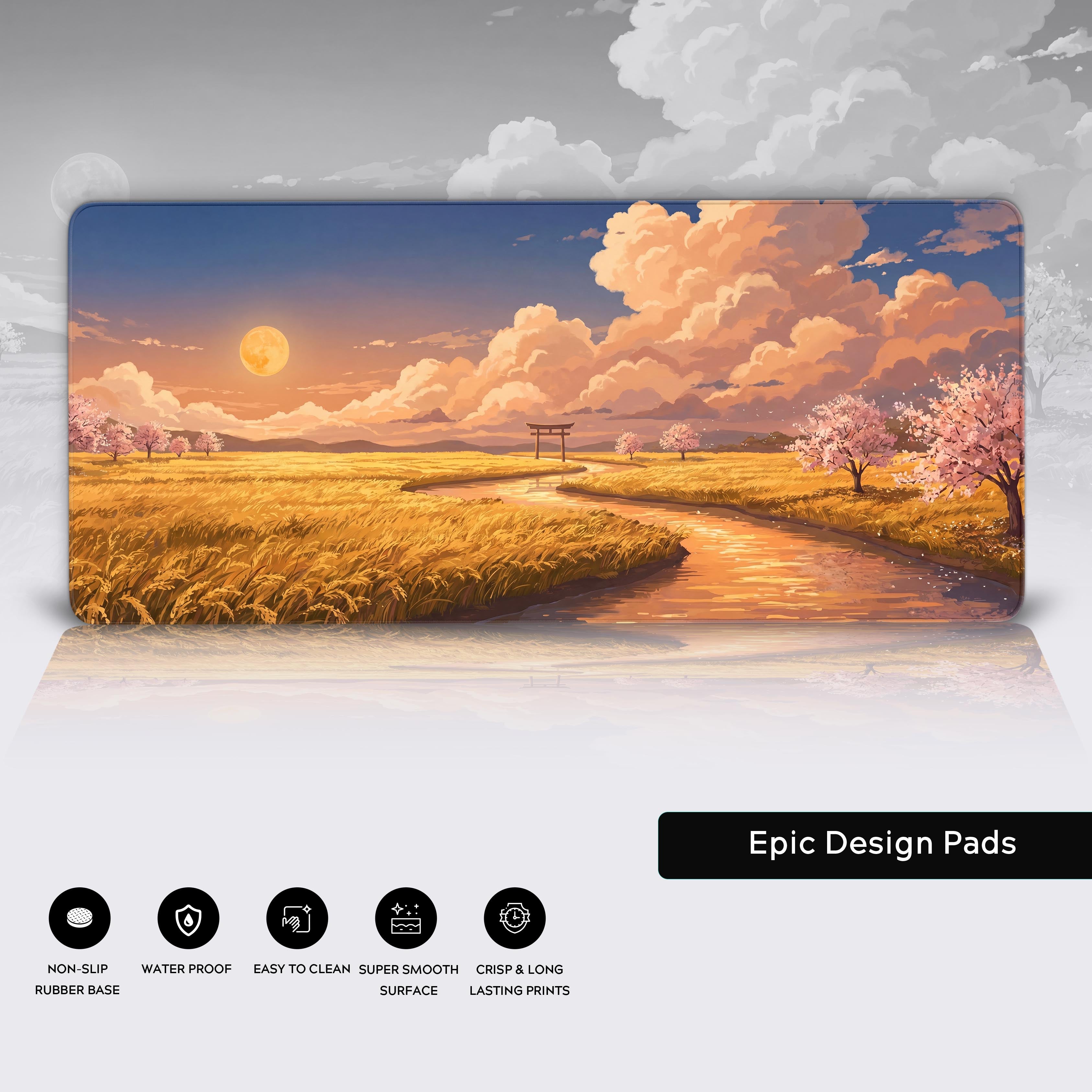 Feature icons highlighting non-slip rubber base, waterproof, easy to clean, smooth surface, and crisp prints