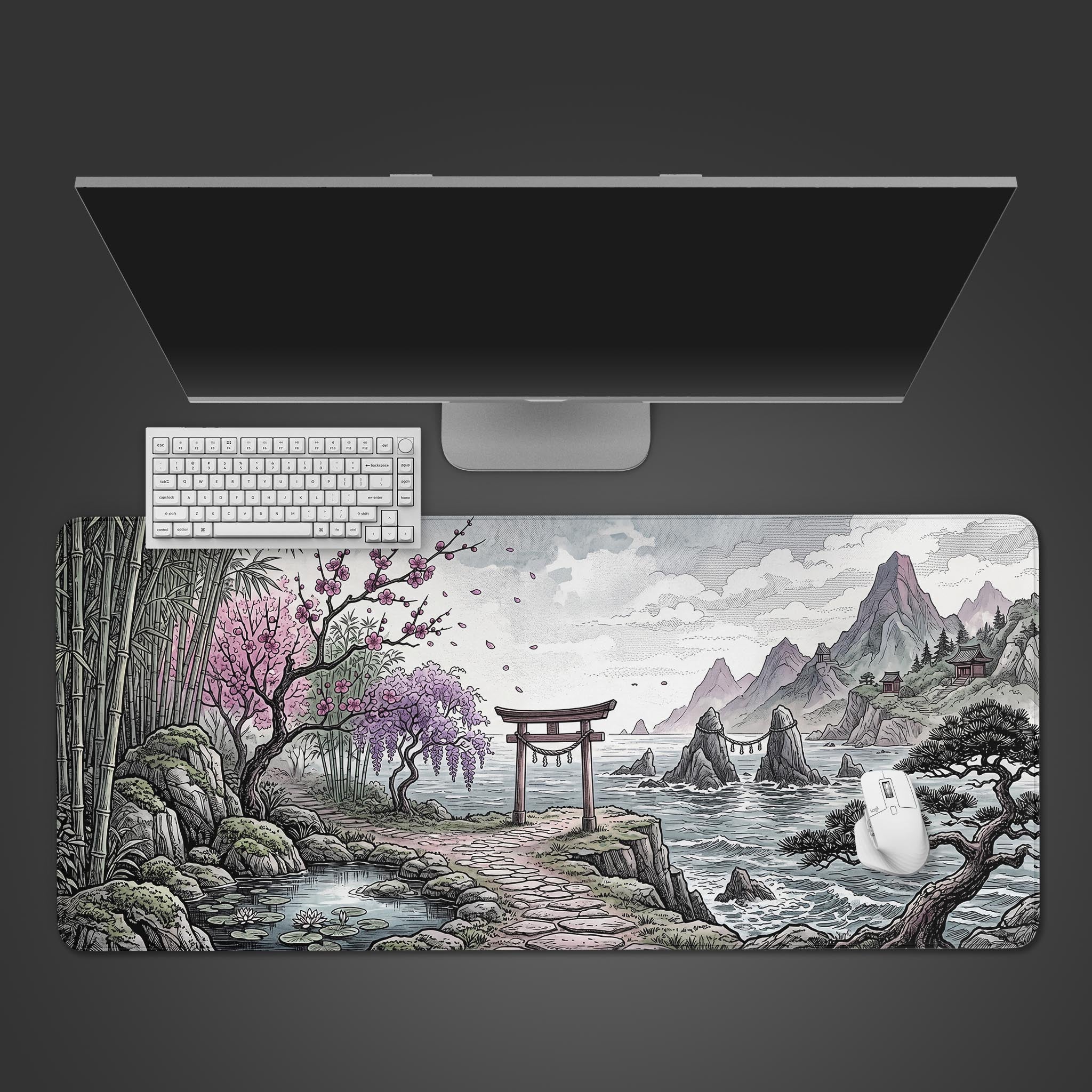 Traditional Japanese Torii gate desk mat featuring cherry blossoms and coastal waves