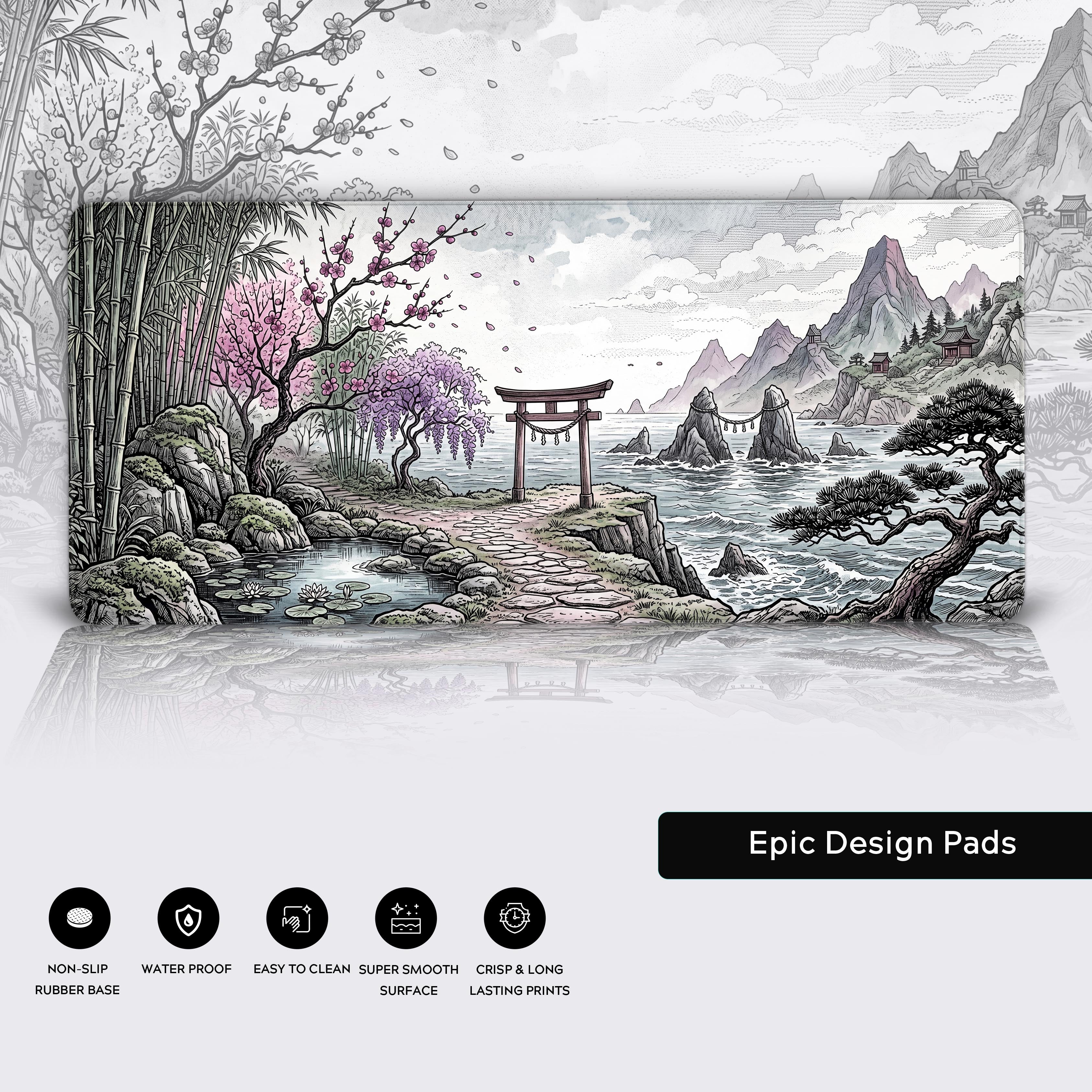 Epic Design Pads non-slip rubber base and premium edge stitching on the Torii gate mousepad