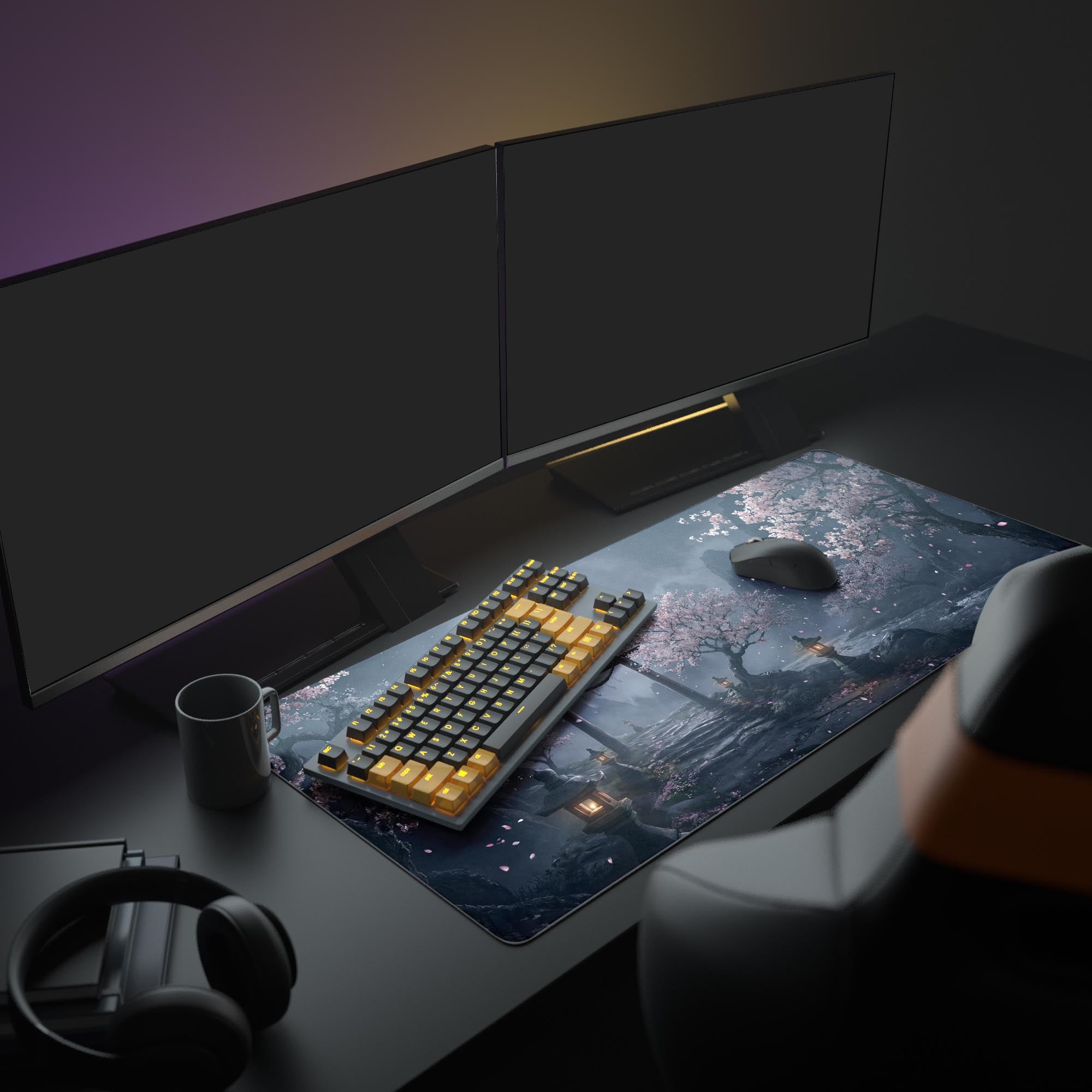 A serene PC gaming setup featuring the Torii Silence desk mat under a monitor. The Japanese art mouse pad completes the aesthetic with a keyboard and mouse. - Epic Design Pads & Mousepads