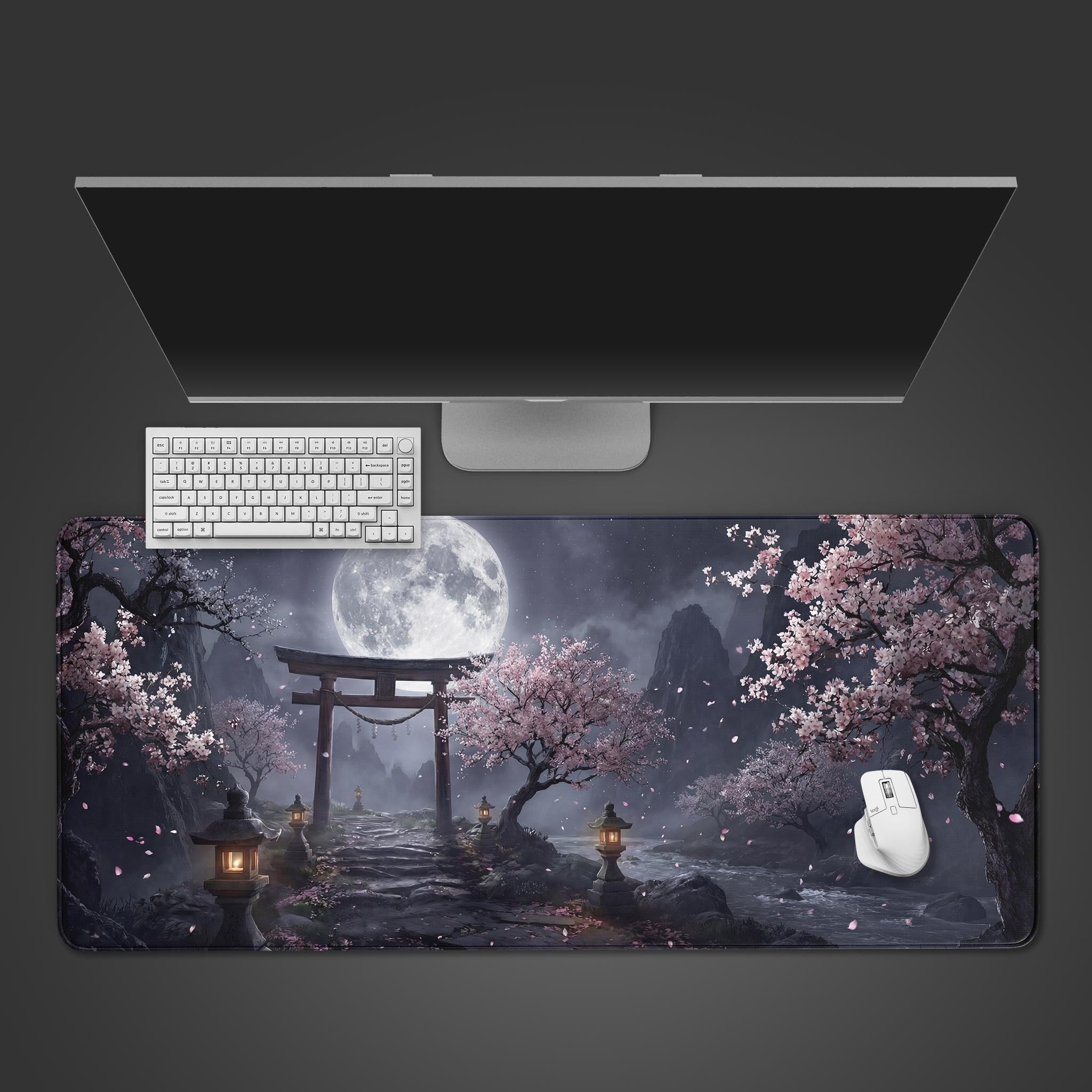 Top-down view of the Torii Silence gaming desk mat, featuring a Japanese landscape with a full moon, shown with a white keyboard and mouse on a dark surface. - Epic Design Pads & Mousepads