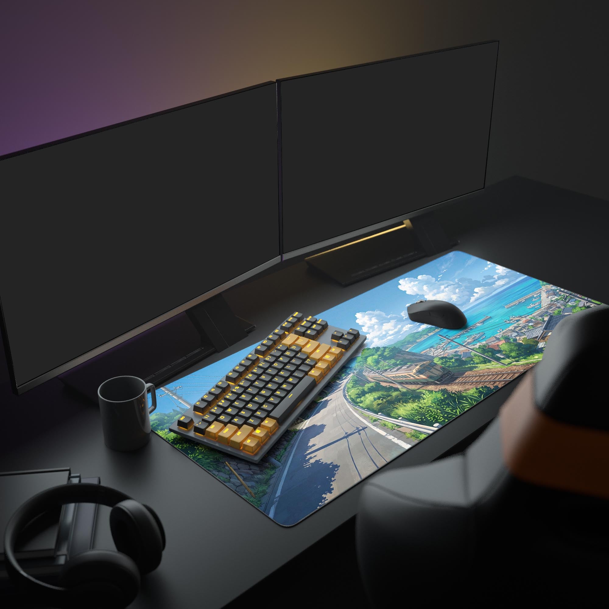 Close up of vivid blue sky, clouds, and seaside village art on desk mat