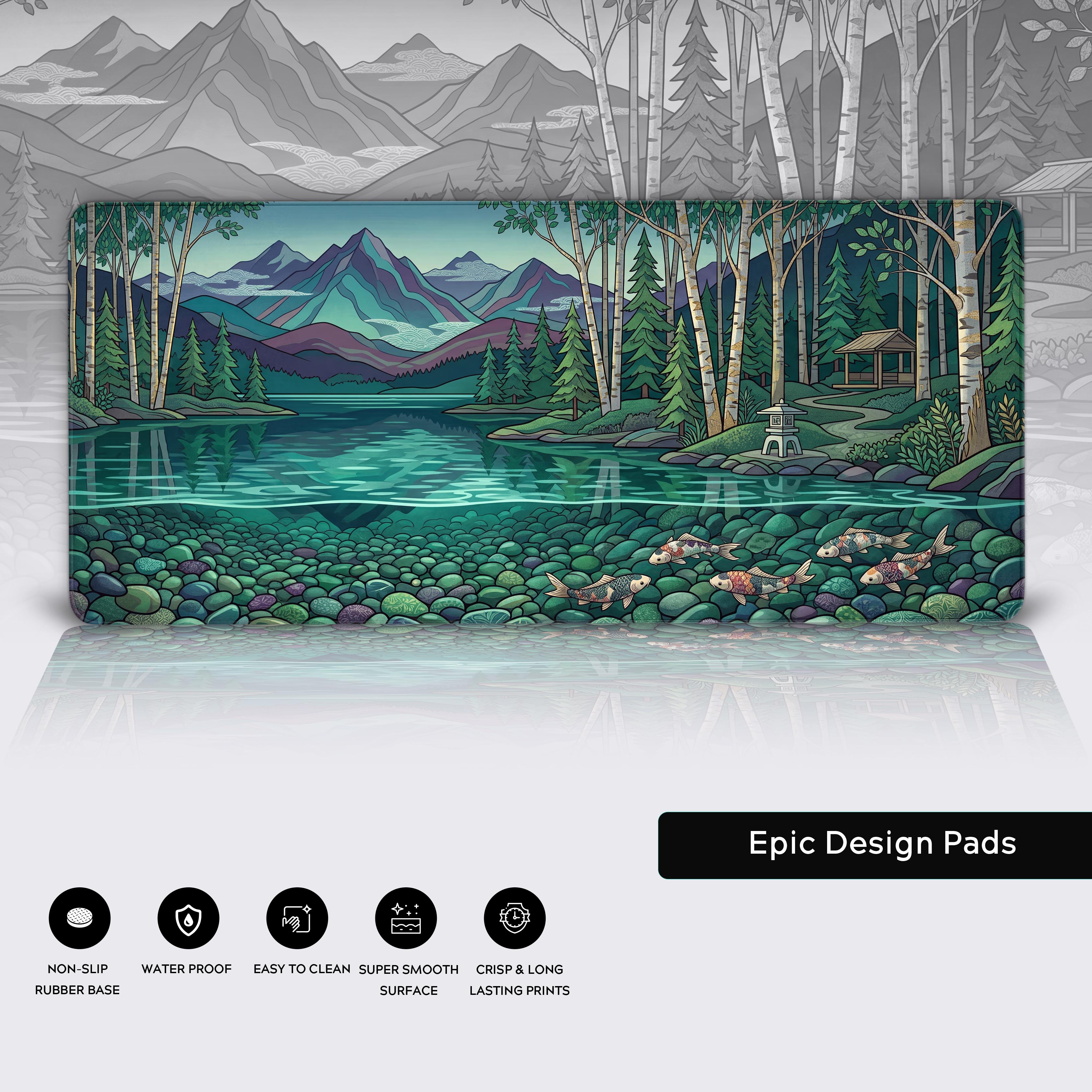 Epic Design Pads desk mat showcasing features like non-slip rubber base, waterproof surface, and crisp prints.