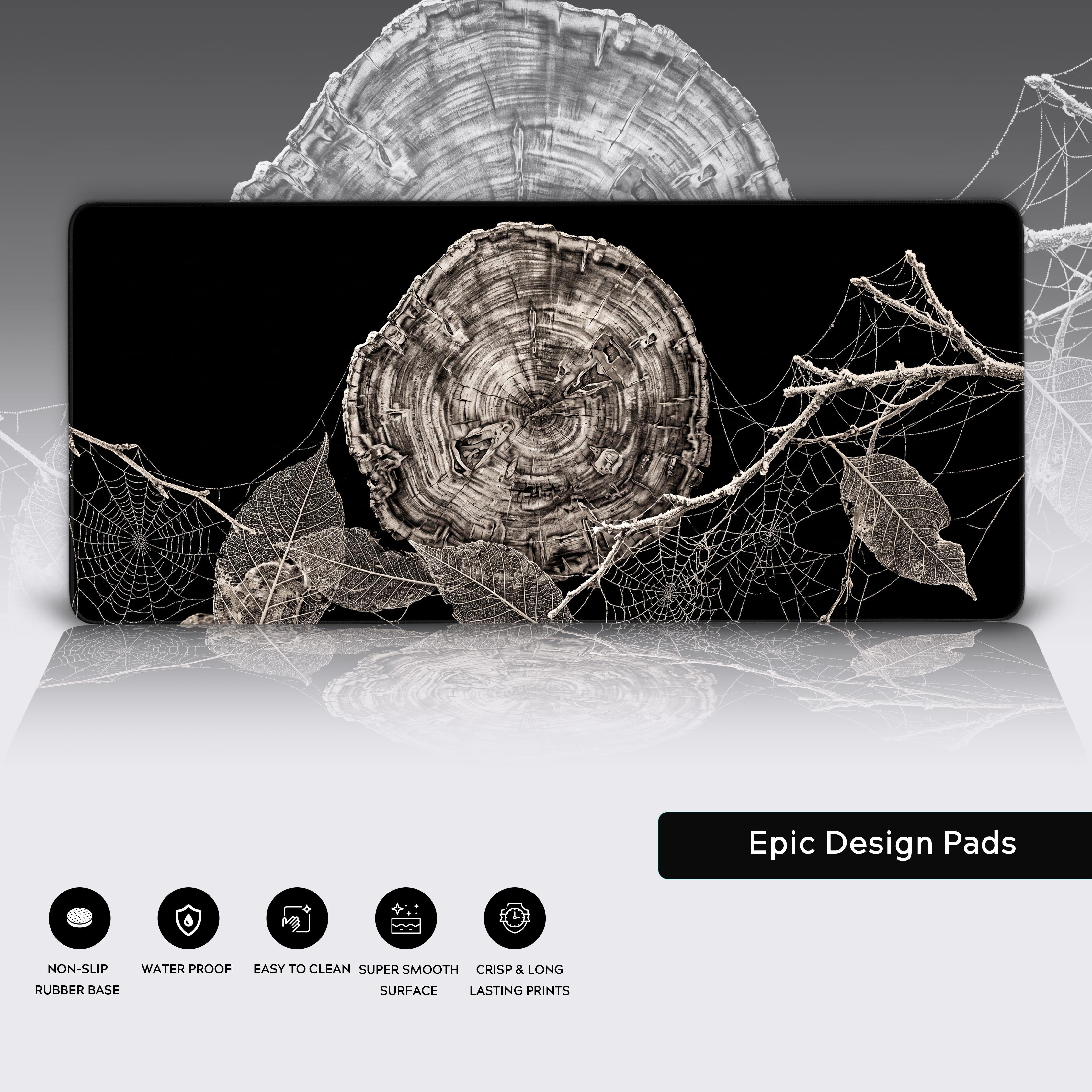 Full view of the dark forest floor aesthetic desk mat with non-slip rubber base