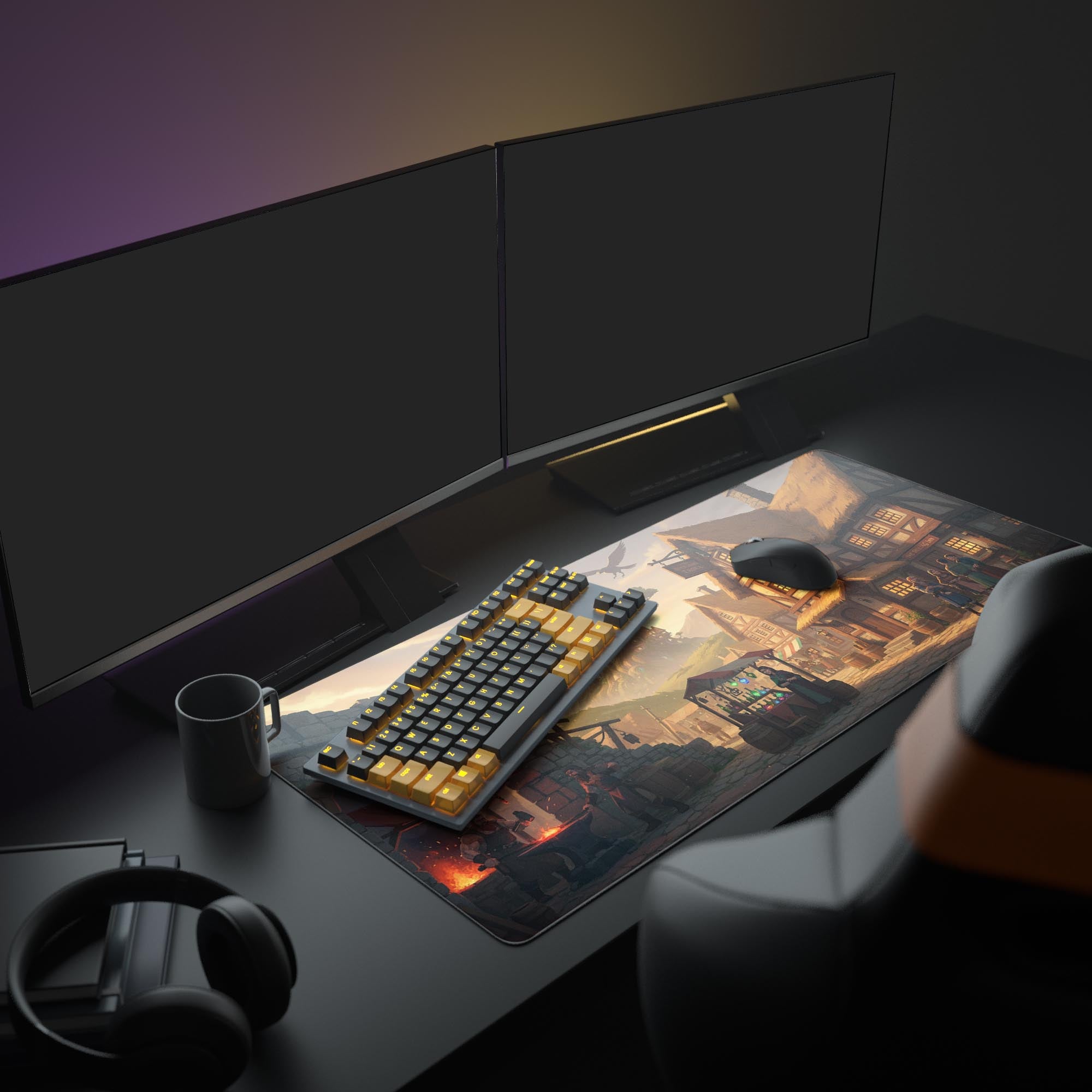 Large Troll's Hollow fantasy desk mat in a cozy gaming setup with dual monitors, headphones, and a mechanical keyboard. - Epic Design Pads