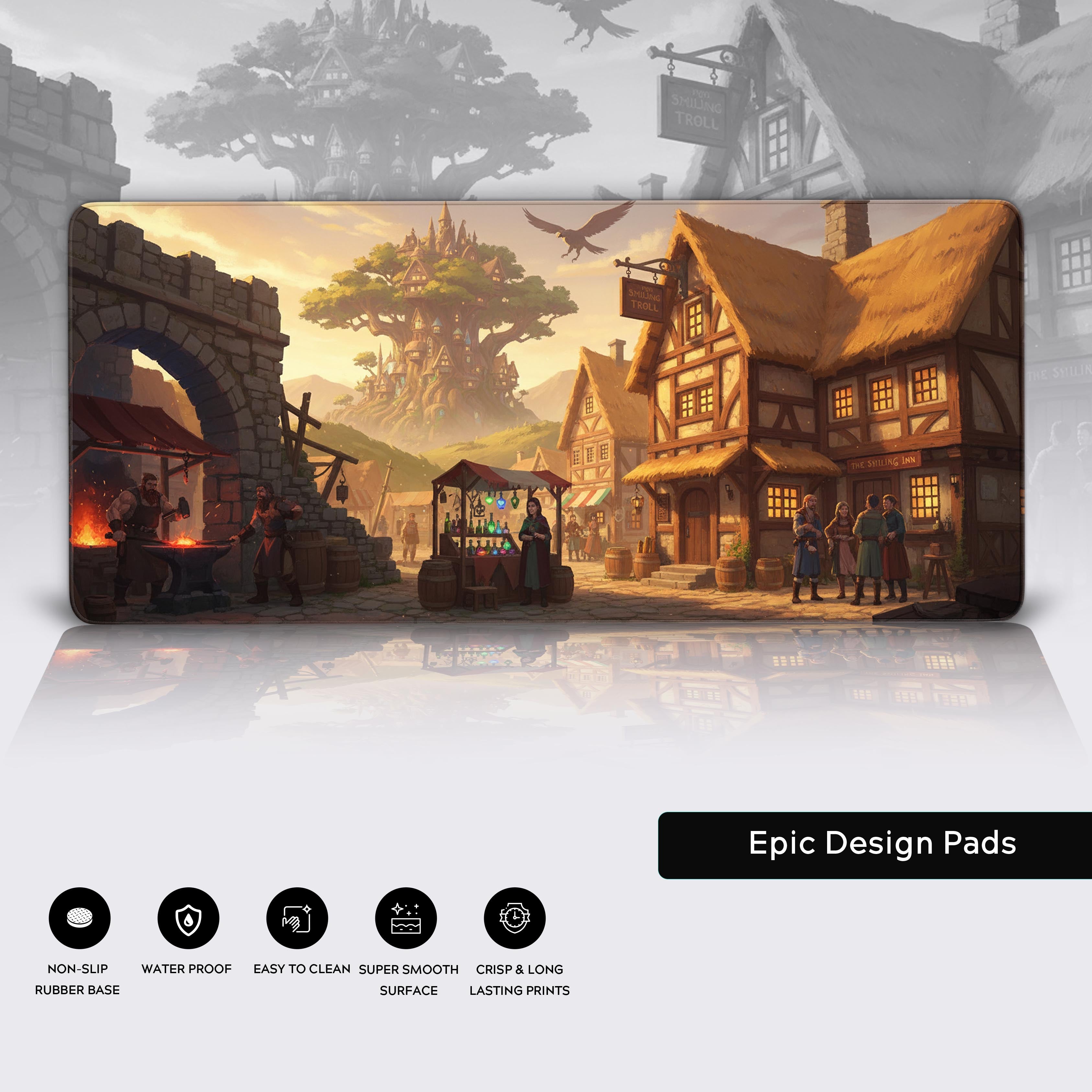 Close-up of the Troll's Hollow fantasy desk mat showcasing its water-resistant surface, stitched edges, and non-slip rubber base. - Epic Design Pads