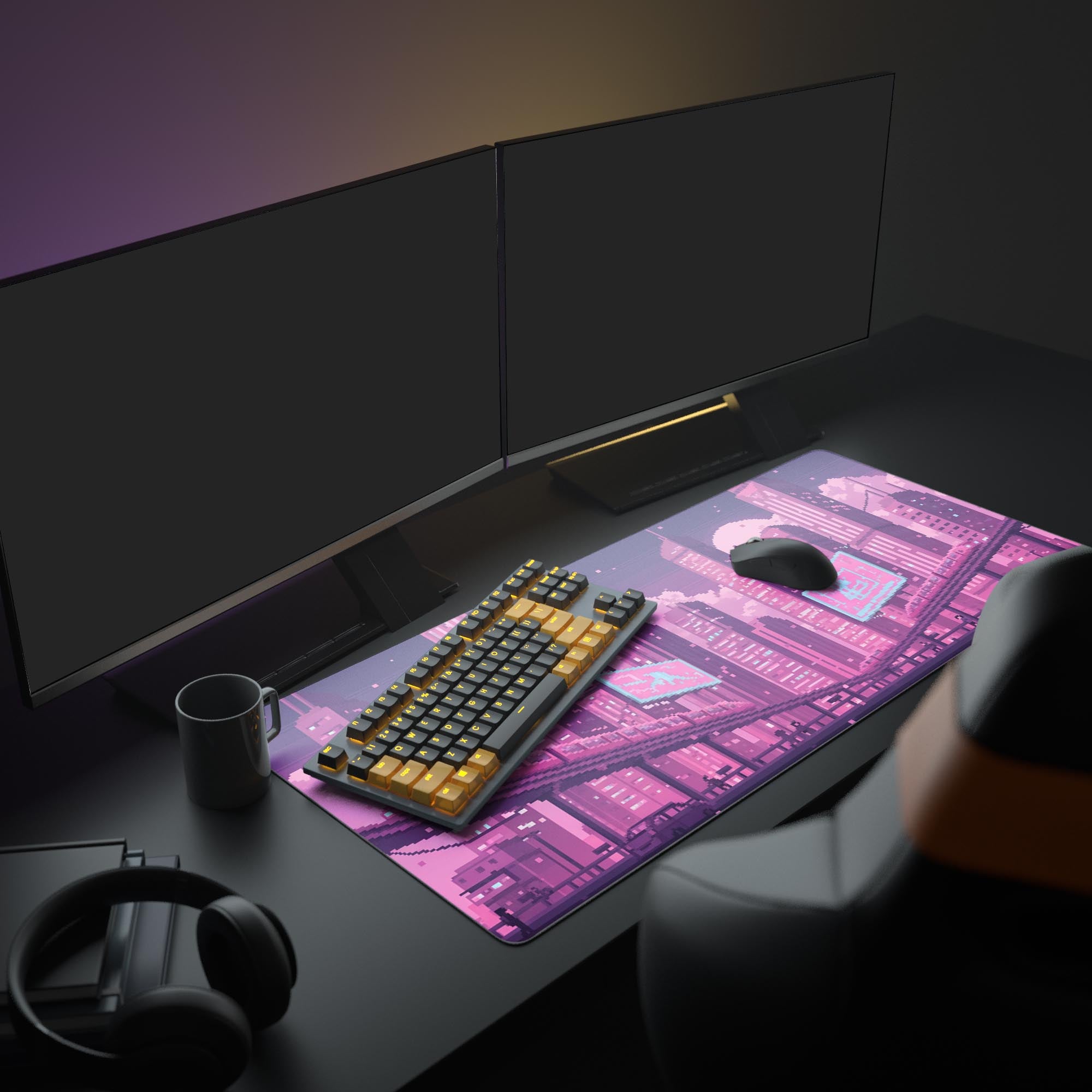 Large 8-bit cityscape desk mat featured in a gaming setup with dual monitors, a mechanical keyboard, and headphones. - Epic Design Pads