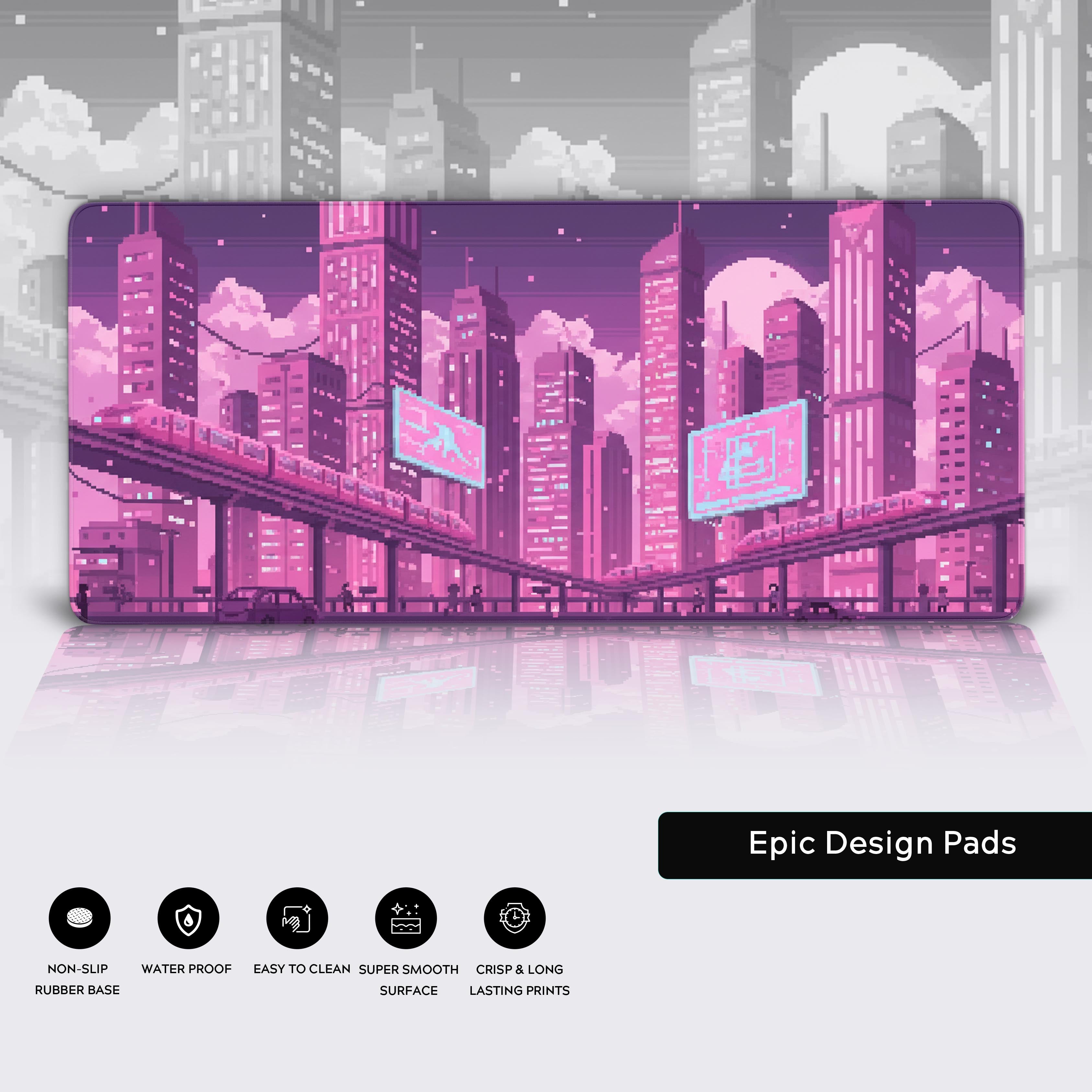 Close-up of the Twilight Express pixel art desk mat, showcasing its premium stitched edges and smooth non-slip base. - Epic Design Pads