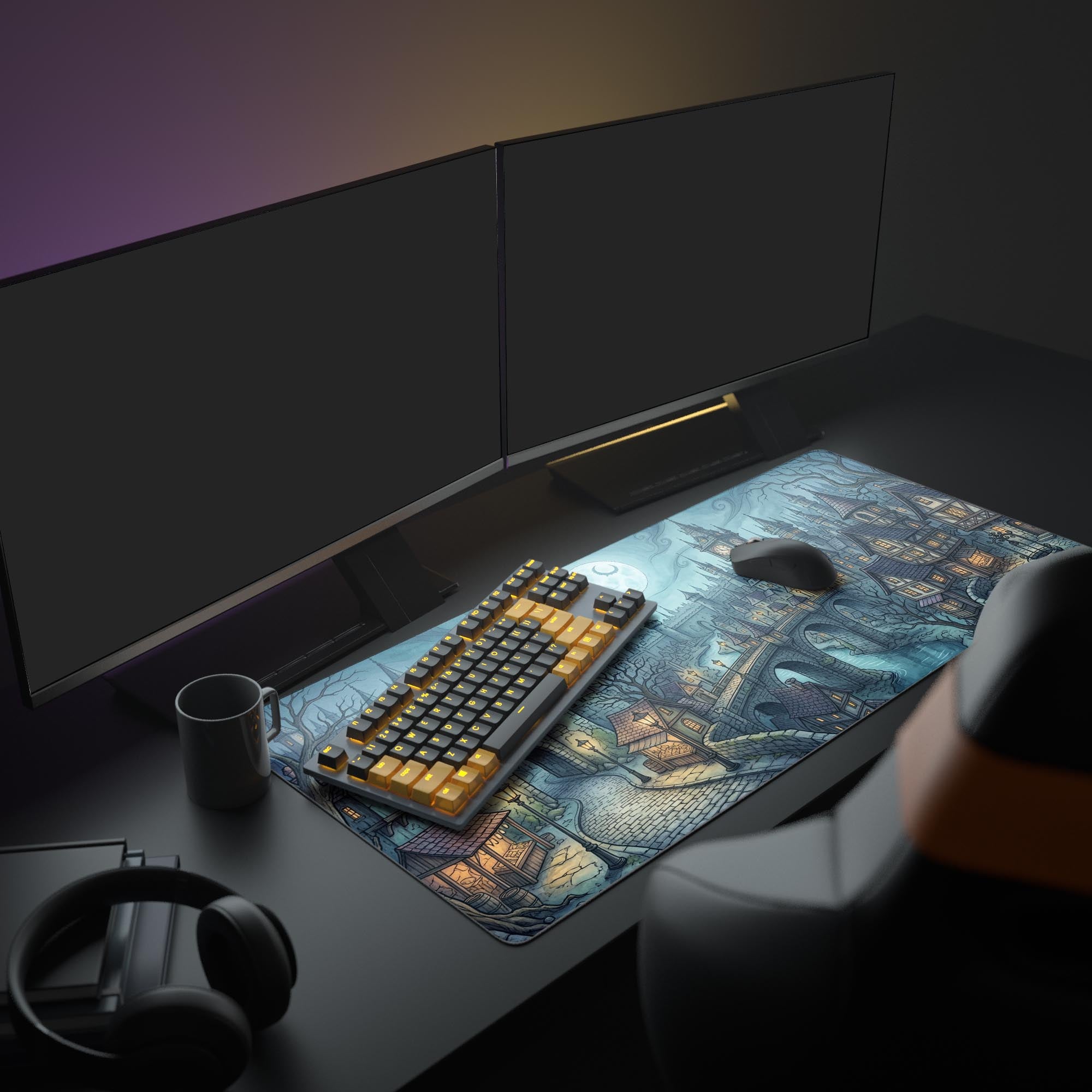 The Twilight Hollow fantasy city mouse pad anchors a full gaming setup, complementing an illuminated keyboard and mouse with its cool, atmospheric design. - Epic Design Pads & Mousepads