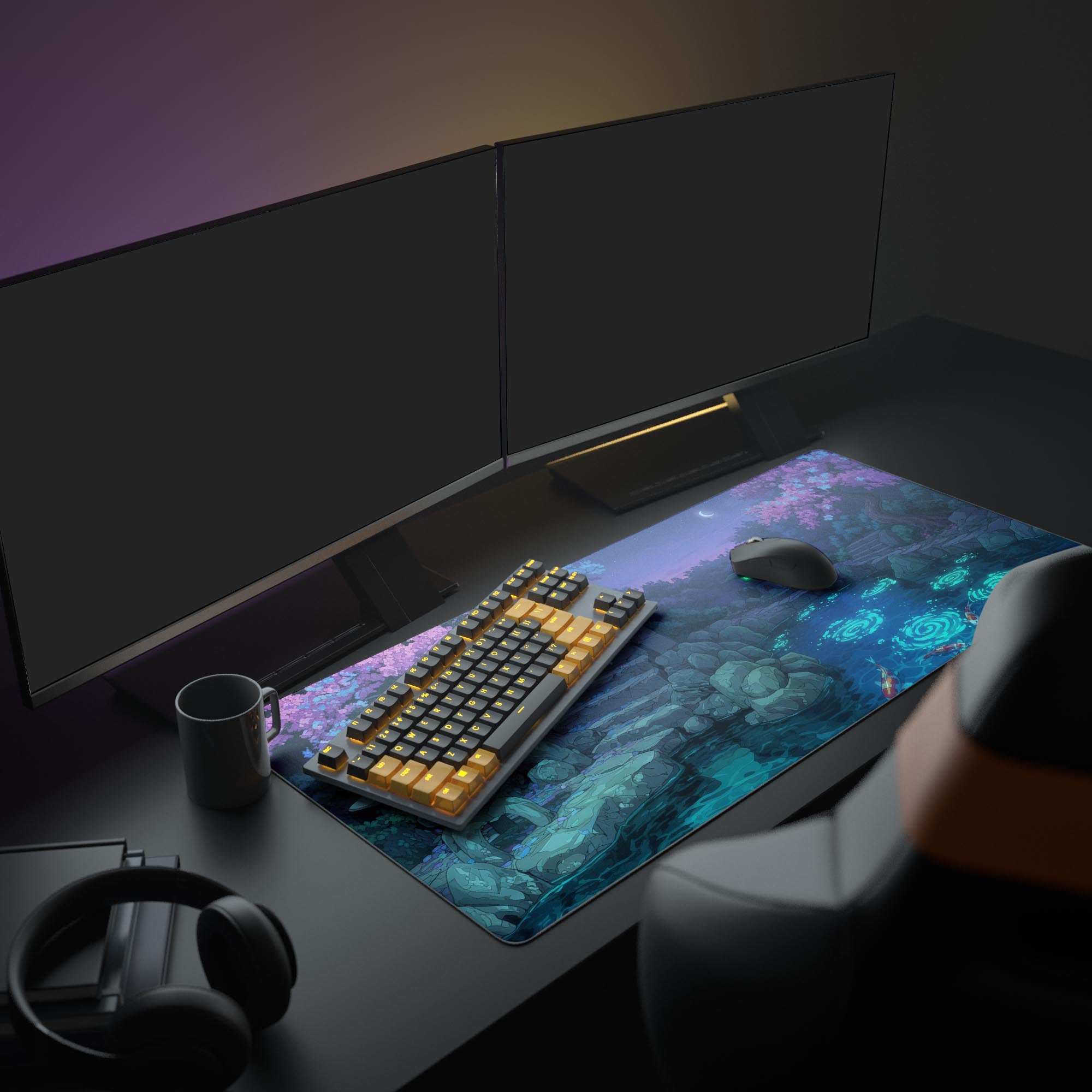 Twilight Sakura gaming desk mat featuring a glowing koi pond, cherry blossoms, and moonlit Japanese garden design - Epic Design Pads & Mousepads