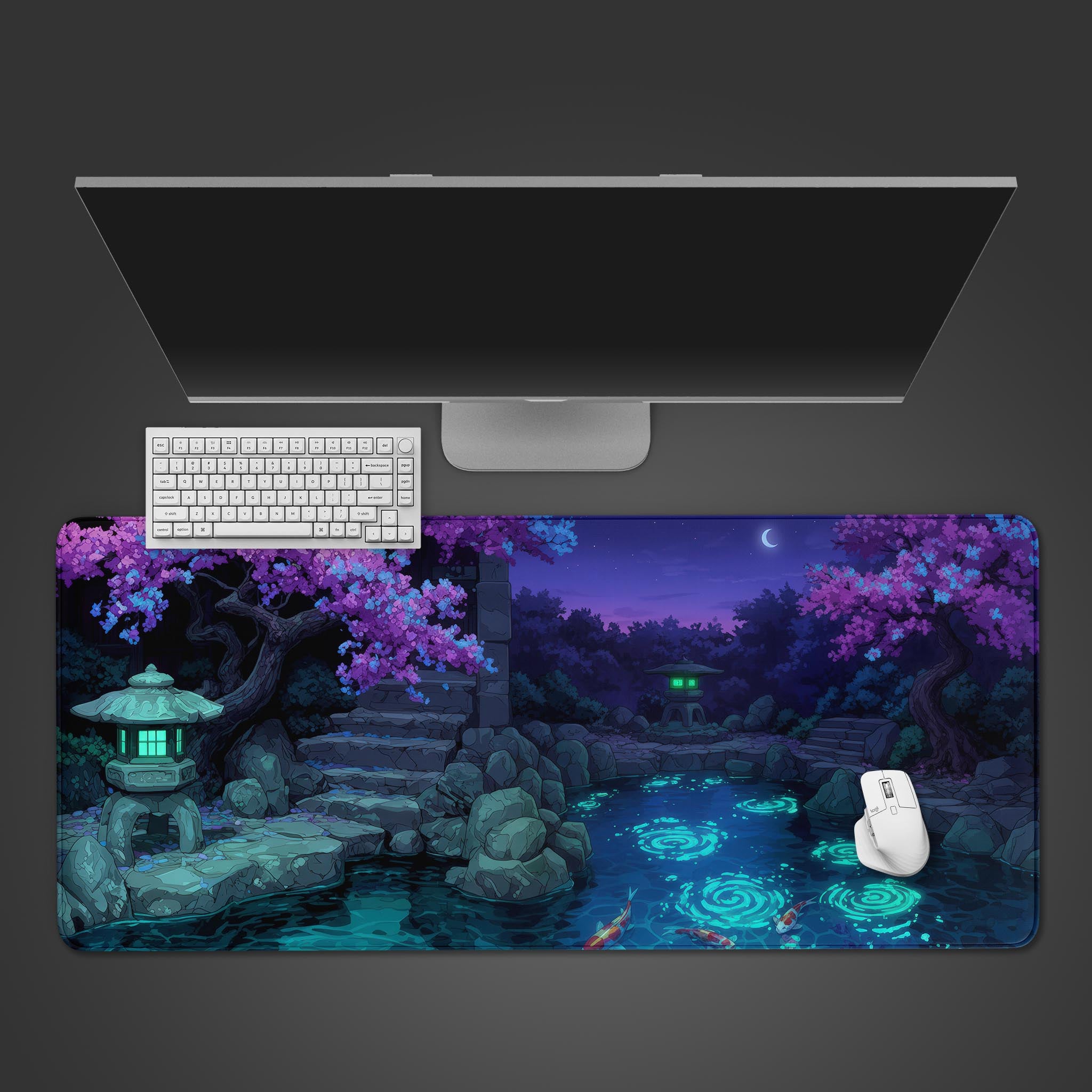 Twilight Sakura Japanese garden gaming desk mat with glowing koi pond, cherry blossoms, and crescent moon design - Epic Design Pads & Mousepads