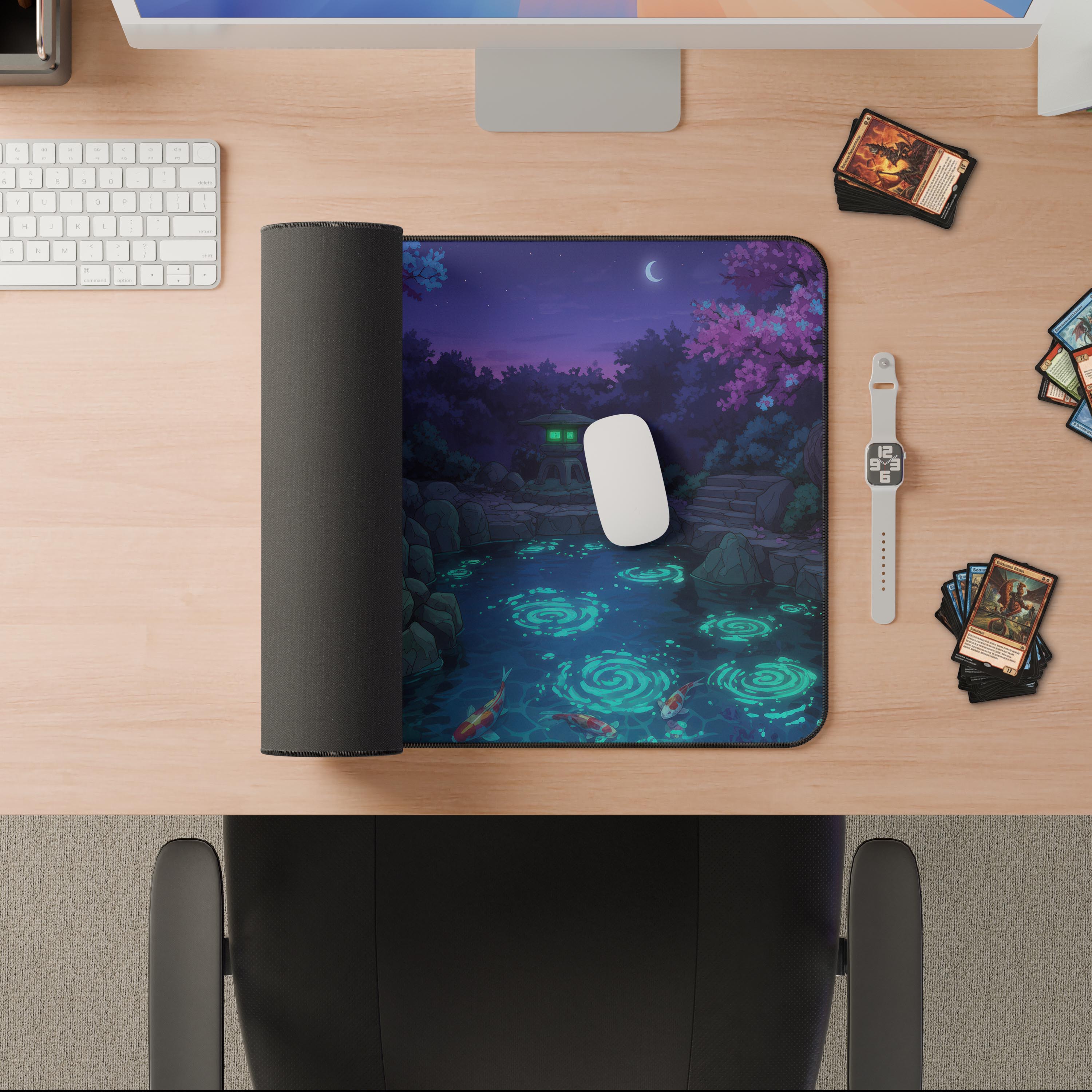 Twilight Sakura TCG playmat featuring a glowing koi pond, cherry blossoms, and a moonlit Japanese garden scene - Epic Design Pads & Mousepads
