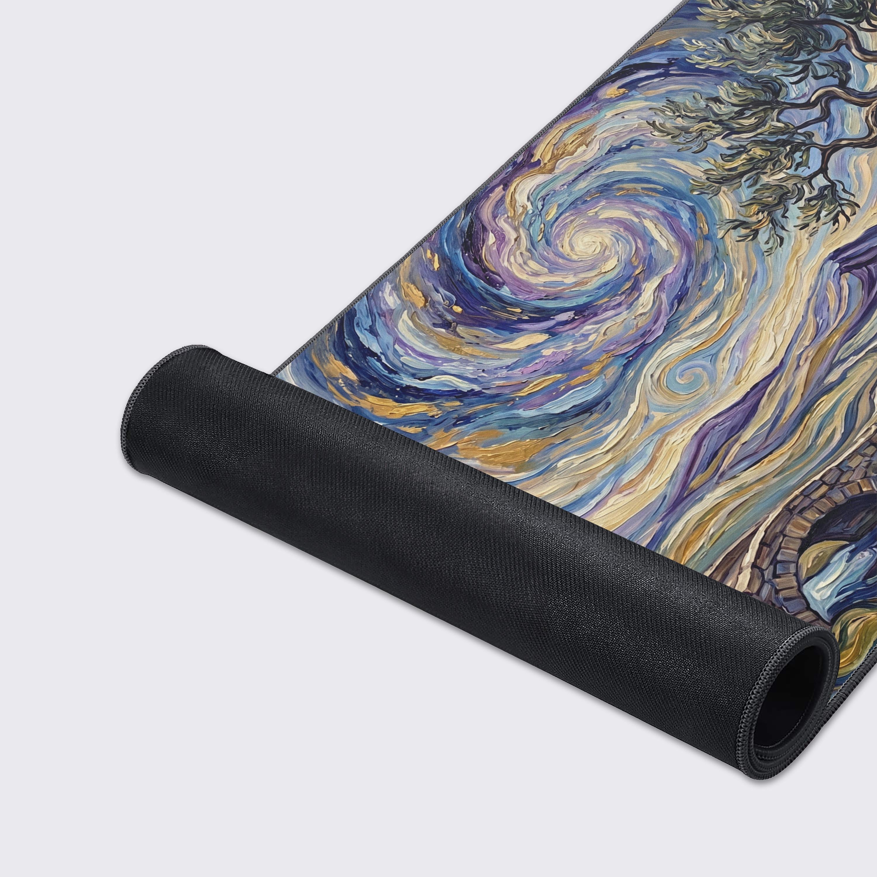 Top down view of the fine art gaming mouse pad highlighting the waterproof and non-slip features with descriptive icon graphics.