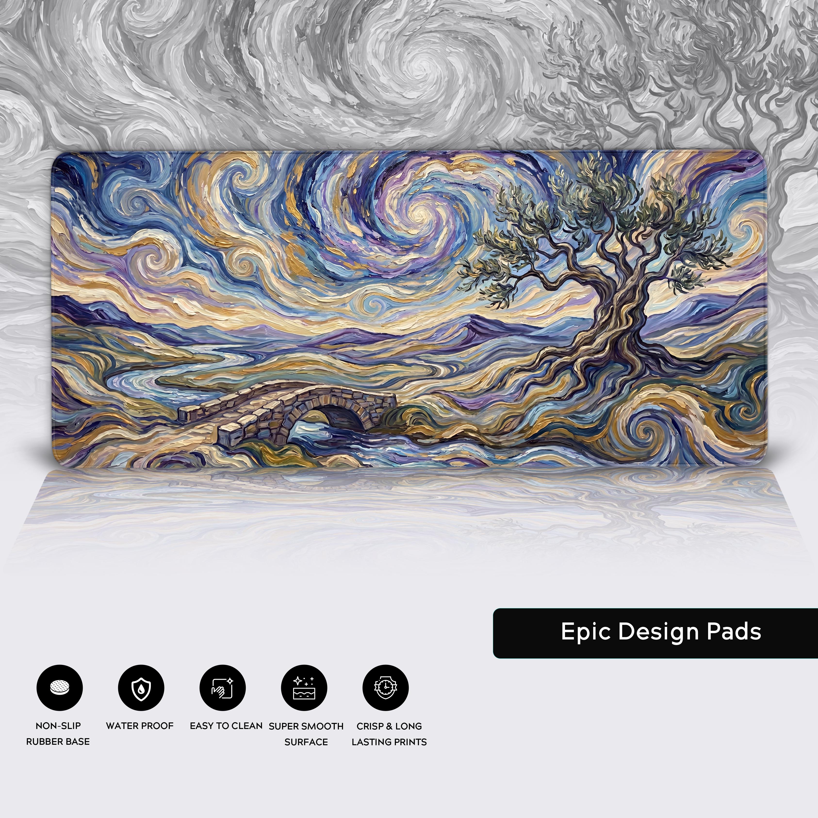 Lifestyle perspective of the impressionist landscape XL desk mat resting perfectly flat on a reflective desk surface.