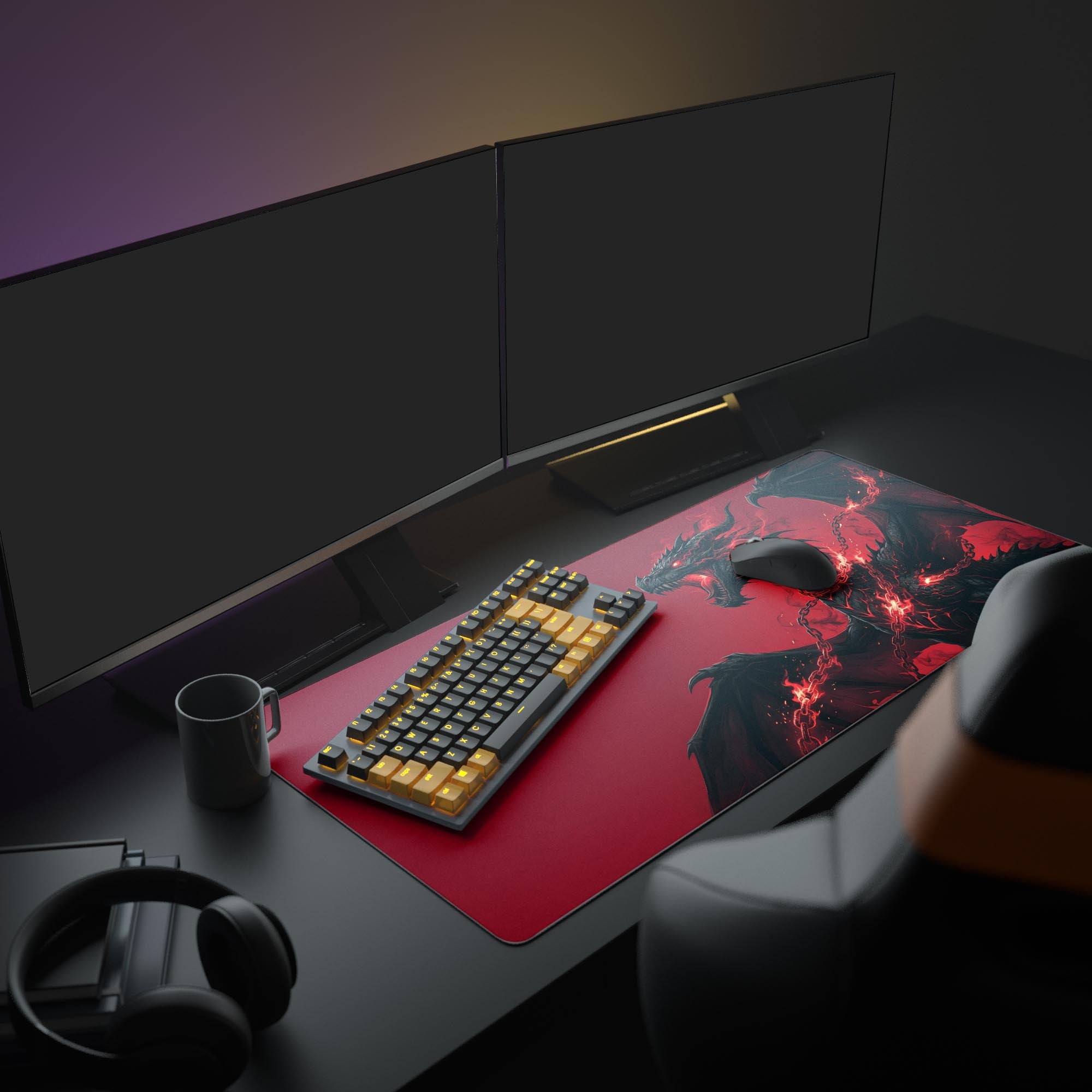A complete gaming setup featuring the Unbound Fury dragon mouse pad, with glowing RGB peripherals and multiple monitors for an immersive experience. - Epic Design Pads & Mousepads