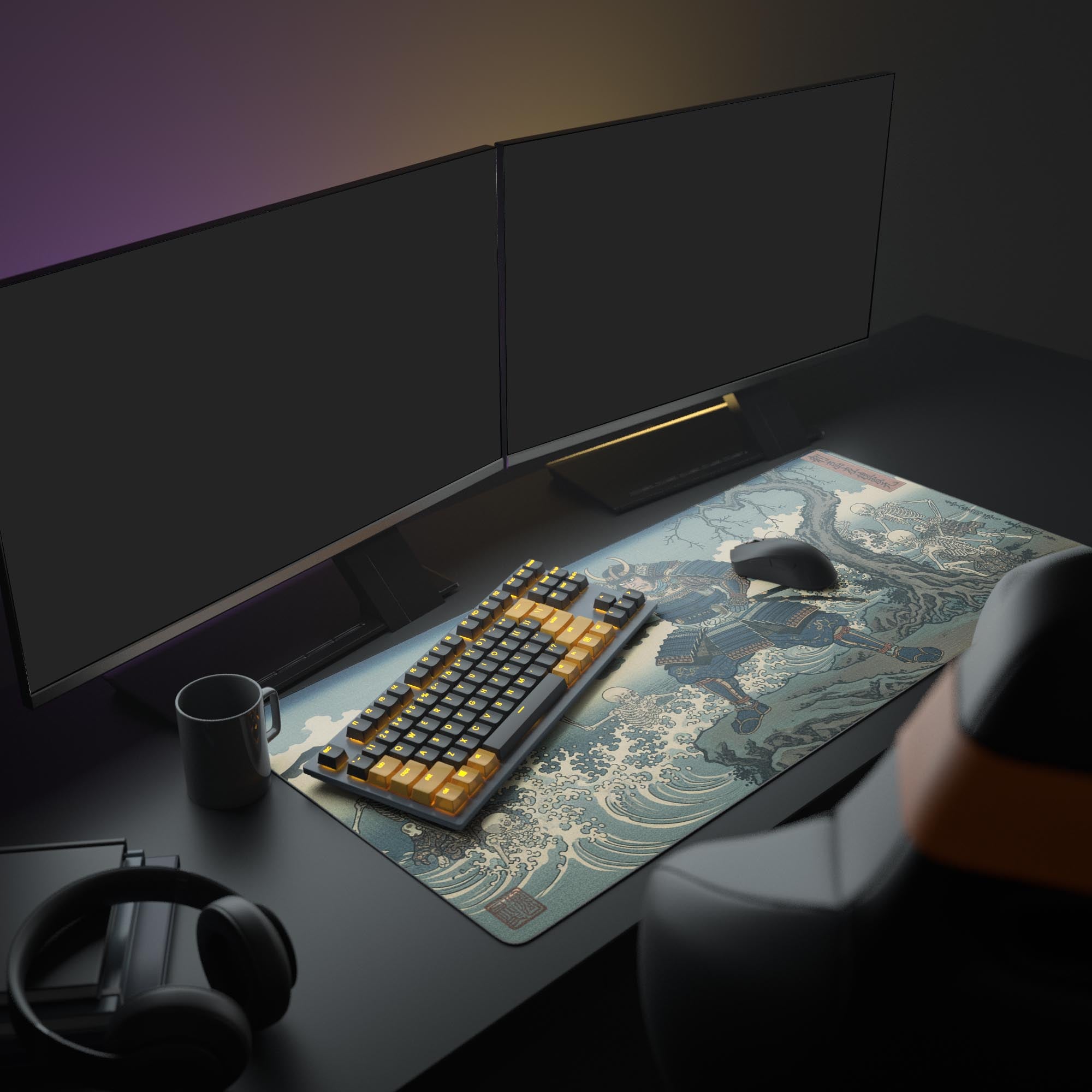 Large Undead Siege samurai gaming desk mat displayed in a full gaming setup with dual monitors, a mechanical keyboard, and headphones. - Epic Design Pads