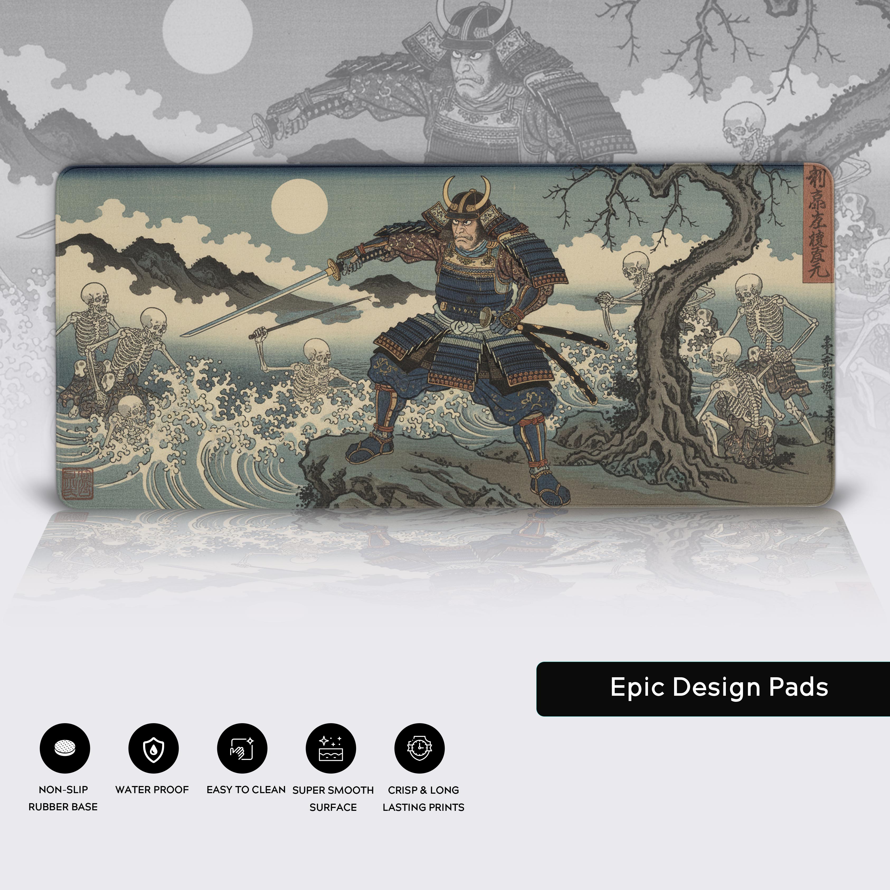 Close-up of the Undead Siege samurai desk mat highlighting the durable stitched edges, water-resistant surface, and non-slip rubber base. - Epic Design Pads