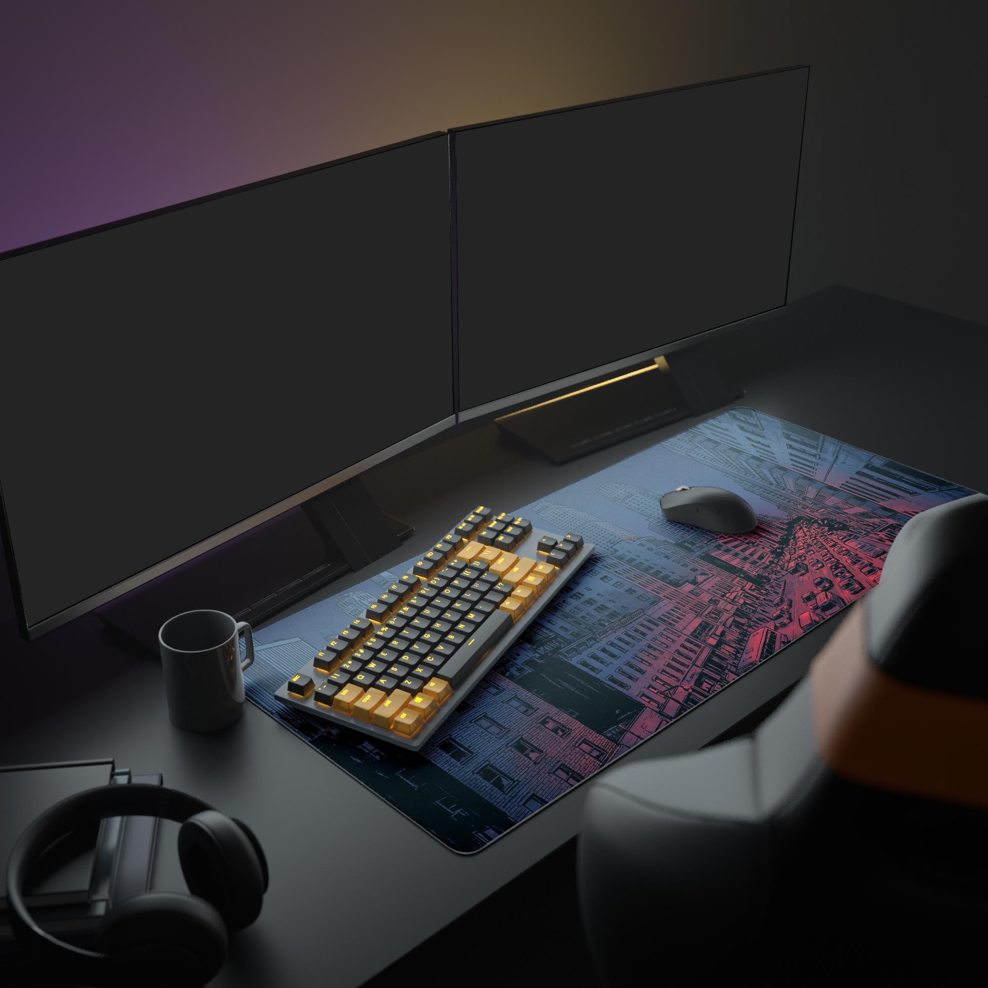 Large manga cityscape anime desk mat in a complete lo-fi workspace setup, featuring dual monitors, a mechanical keyboard, and headphones for an aesthetic vibe. - Epic Design Pads & Mousepads