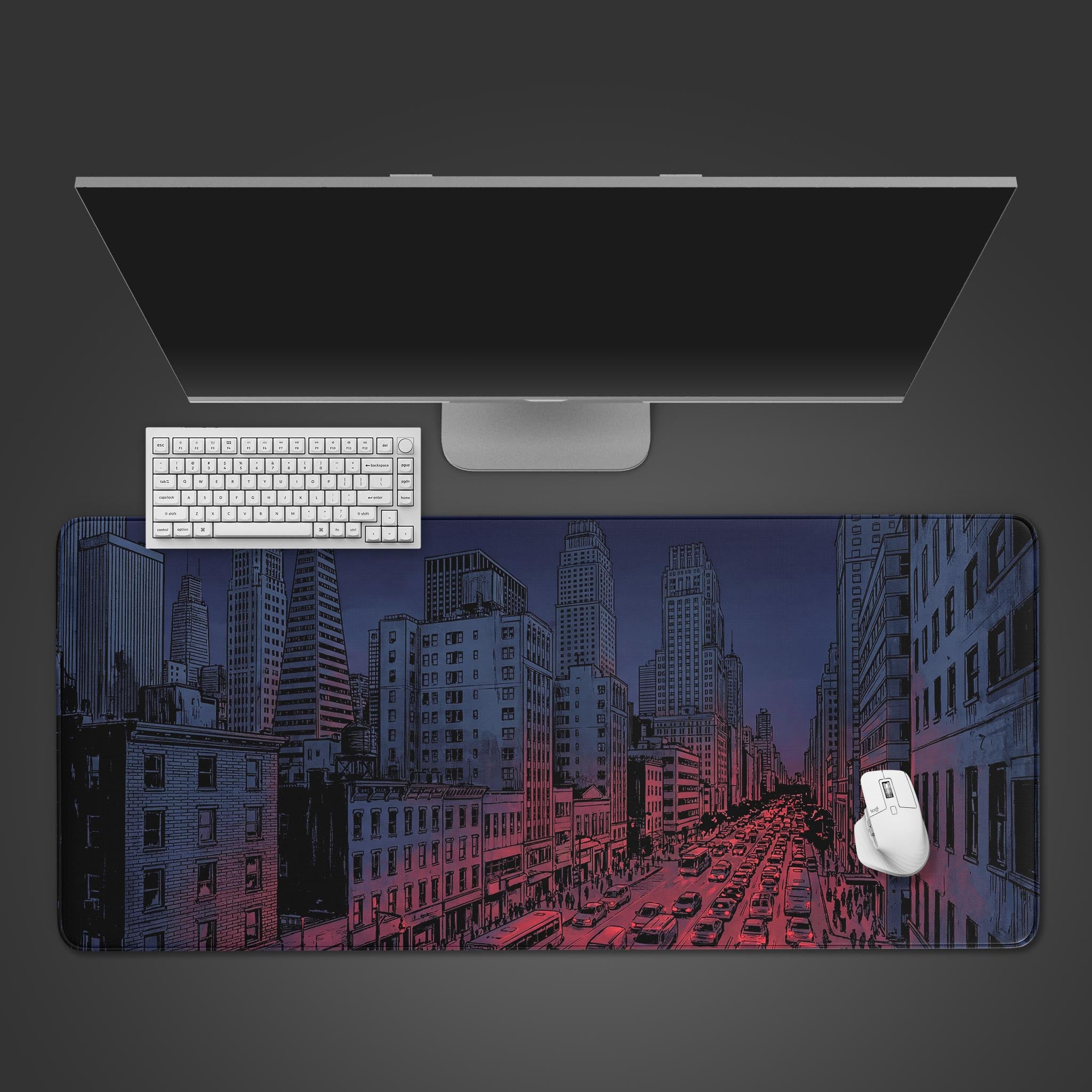 Metro Twilight anime desk mat with a manga cityscape design. Top-down view on a desk with a keyboard and mouse, showcasing its large surface area. - Epic Design Pads & Mousepads