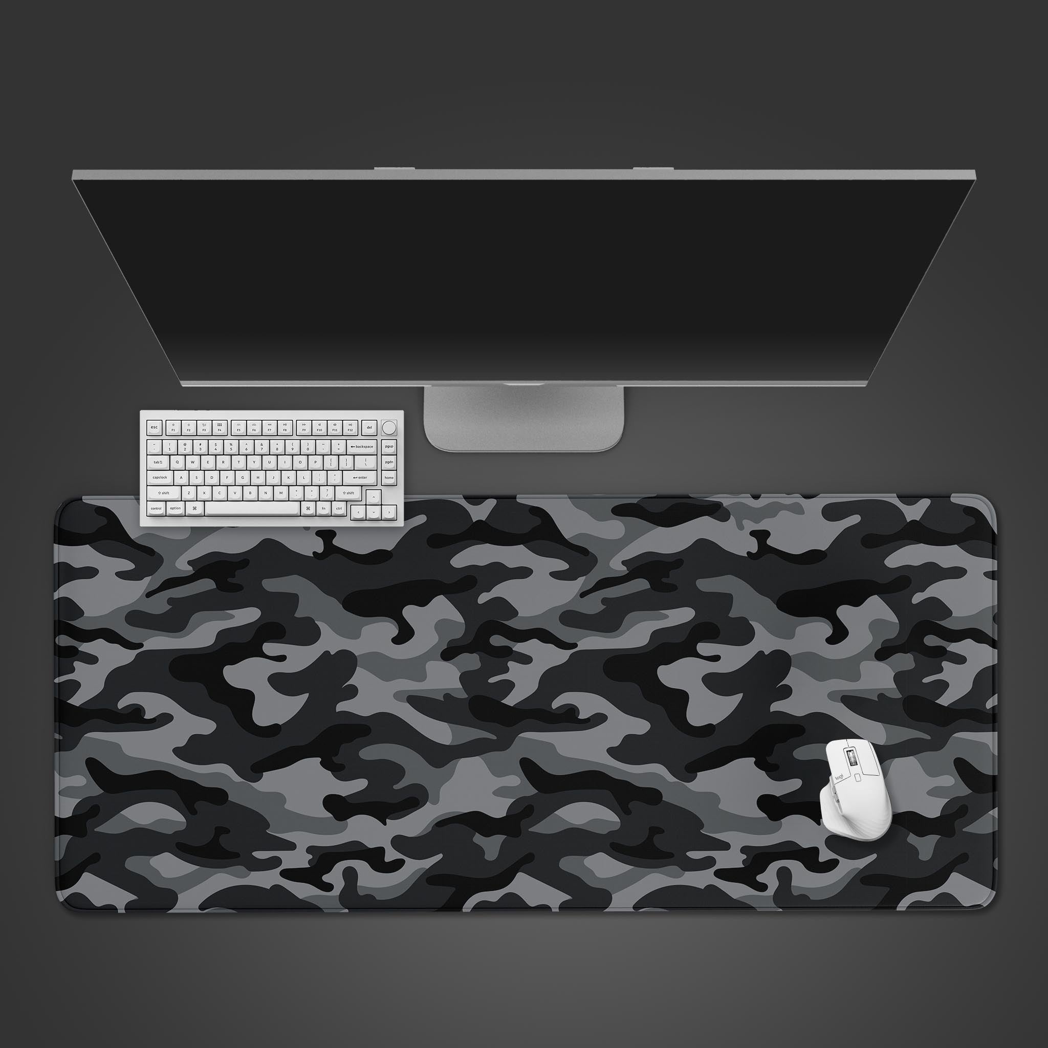 Urban Grey Camo desk mat in a top-down view, showcasing the sleek pattern with a black keyboard and gaming mouse on a minimalist desktop. - Epic Design Pads