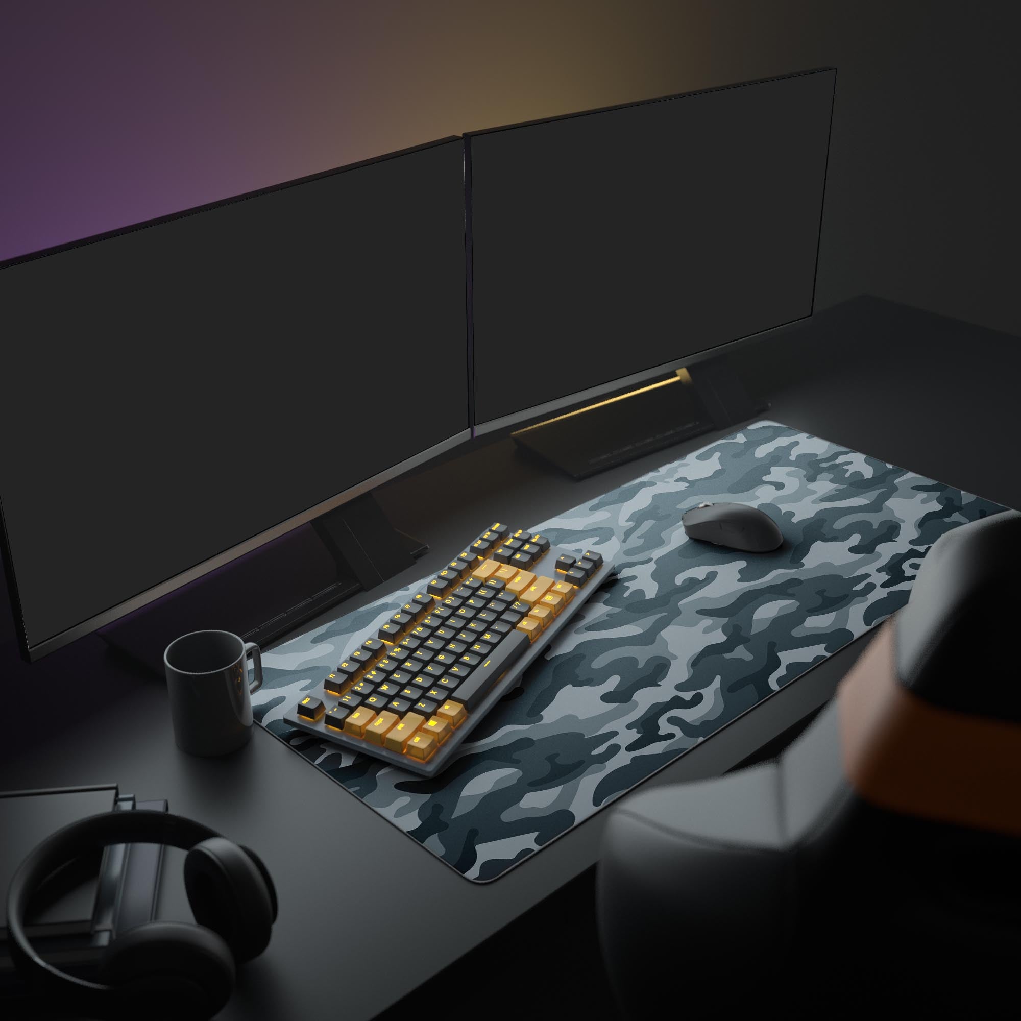 Large Urban Grey Camo desk mat shown in a complete gaming setup with dual monitors, mechanical keyboard, headphones, and modern office accessories. - Epic Design Pads