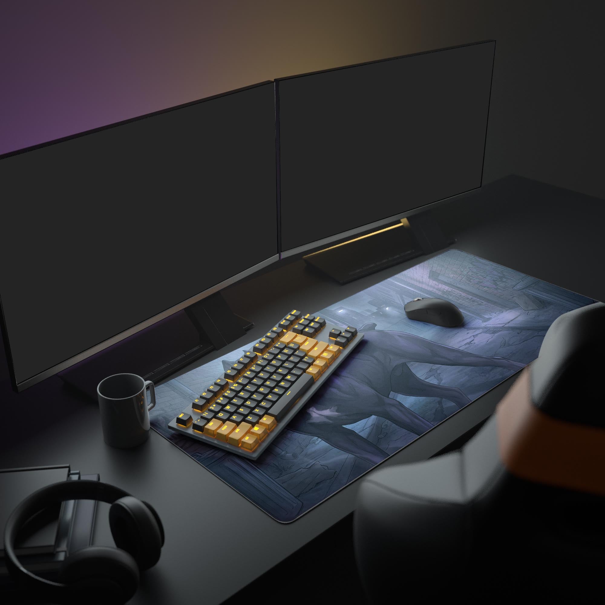 Large Urban Guardian desk mat shown in a modern tech setup with dual monitors, a mechanical keyboard, gaming mouse, and headphones. - Epic Design Pads & Mousepads