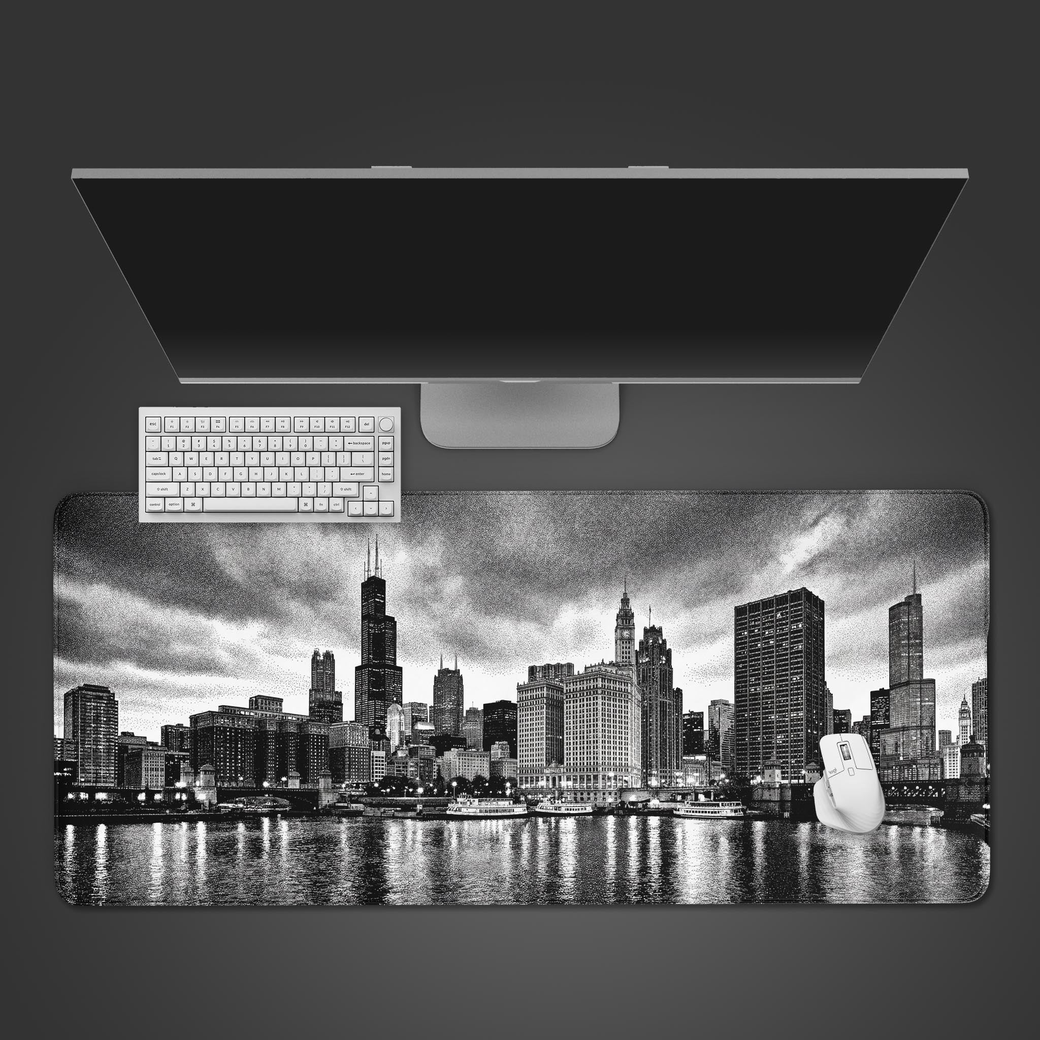 Urban Noir black and white desk mat with a gritty cityscape design. Top-down desktop view with a black mechanical keyboard and mouse. - Epic Design Pads & Mousepads