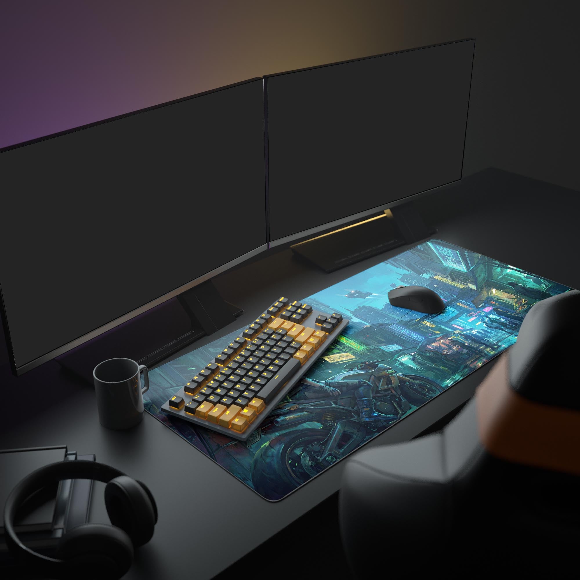 A full gaming setup featuring the Urban Rebel cyberpunk mouse pad, illuminated by monitors and a glowing keyboard, creating a vibrant, high-tech workspace aesthetic. - Epic Design Pads & Mousepads