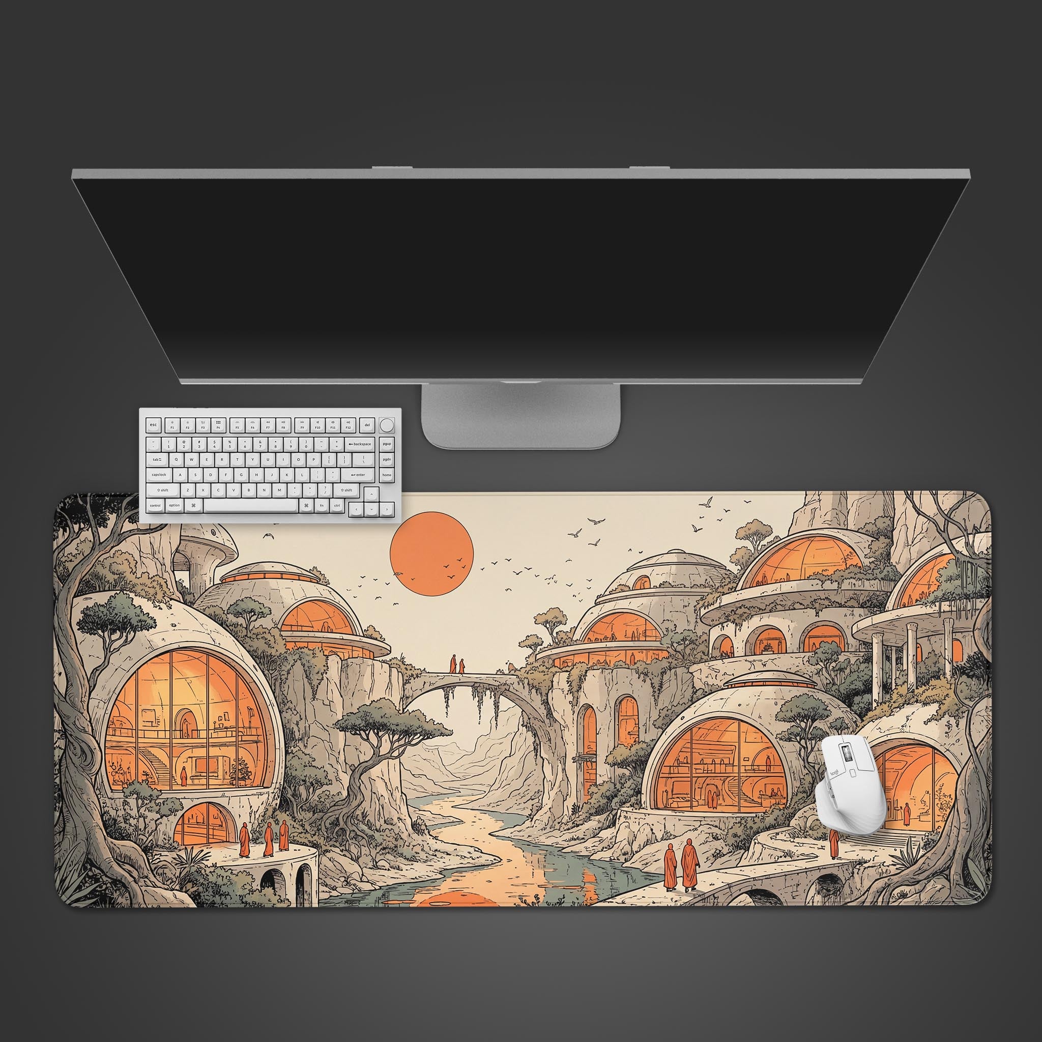 A top-down view of the Utopian Canyon gaming desk mat, shown with a minimalist keyboard and mouse on a dark surface, highlighting the detailed Solarpunk city design. - Epic Design Pads & Mousepads