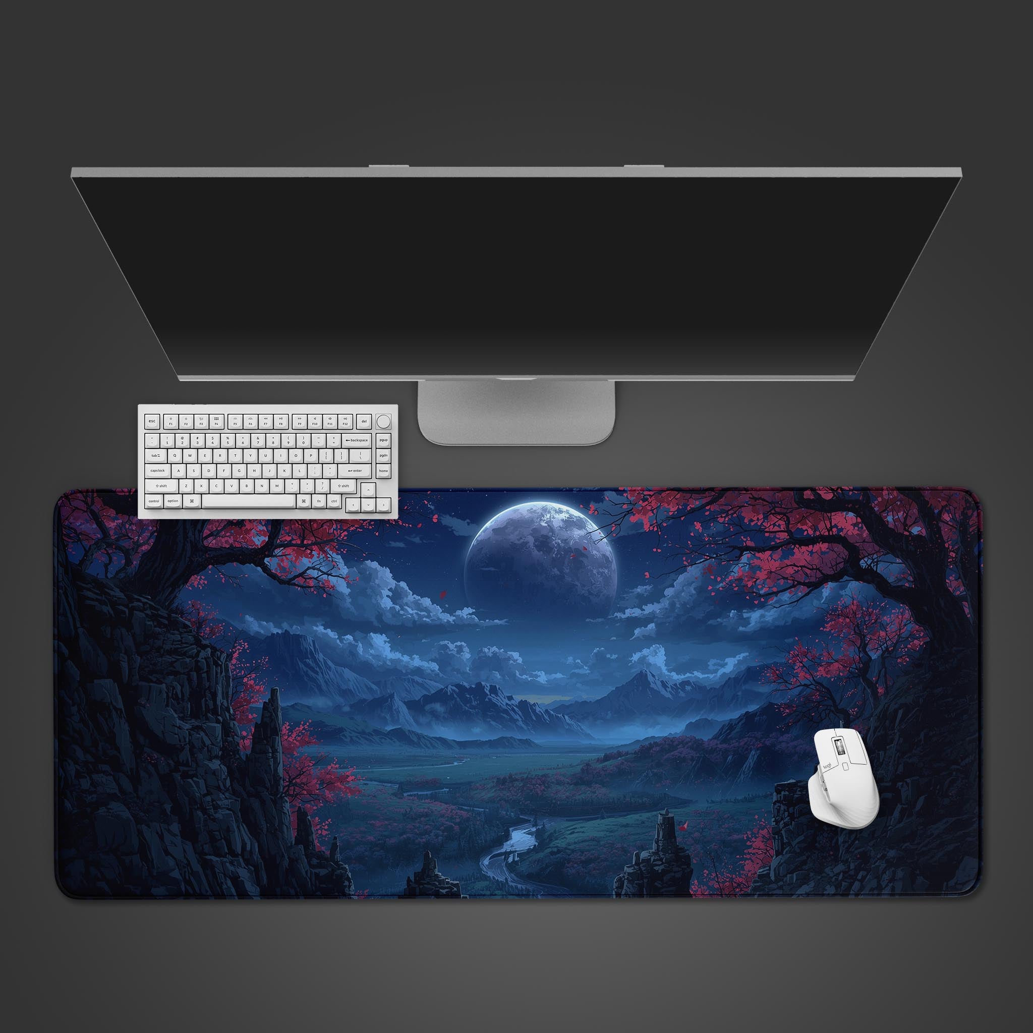 Valley Bloom desk mat with Japanese sakura and colossal moon design – top-down desktop view with keyboard and mouse. - Epic Design Pads