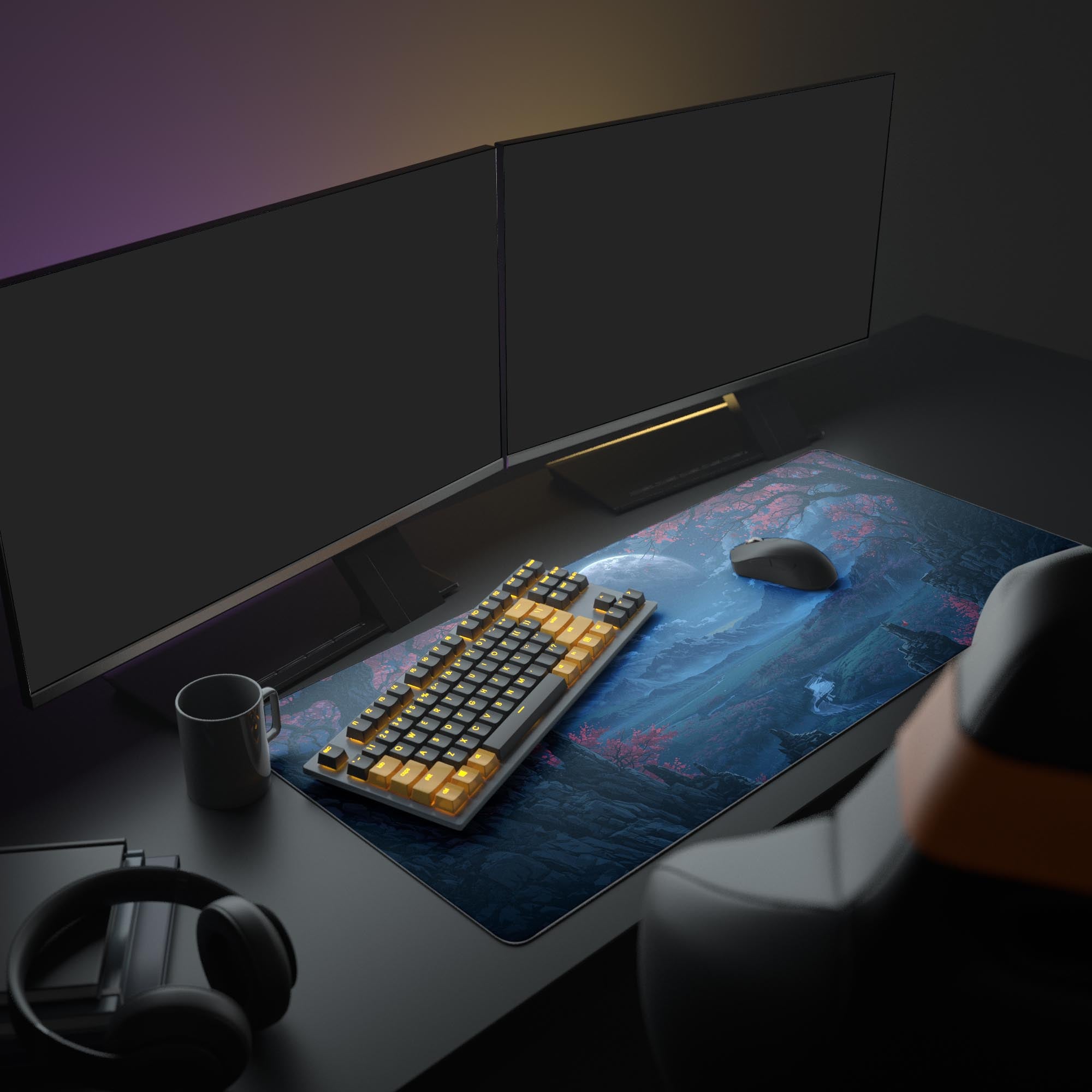 Large Valley Bloom gaming desk mat with mystical moon art – shown in an aesthetic desk setup with dual monitors and headphones. - Epic Design Pads