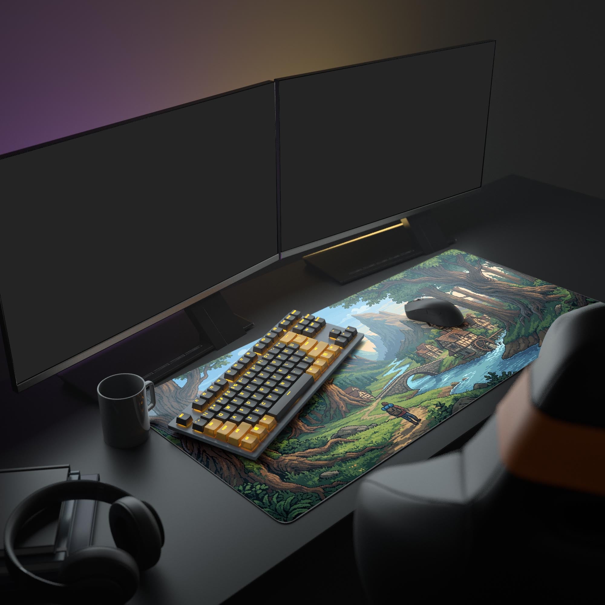 A full gaming setup featuring the Valley Hamlet pixel art mouse pad. The vibrant RPG-inspired design complements the multiple monitors and illuminated keyboard, creating an immersive gaming station. - Epic Design Pads & Mousepads