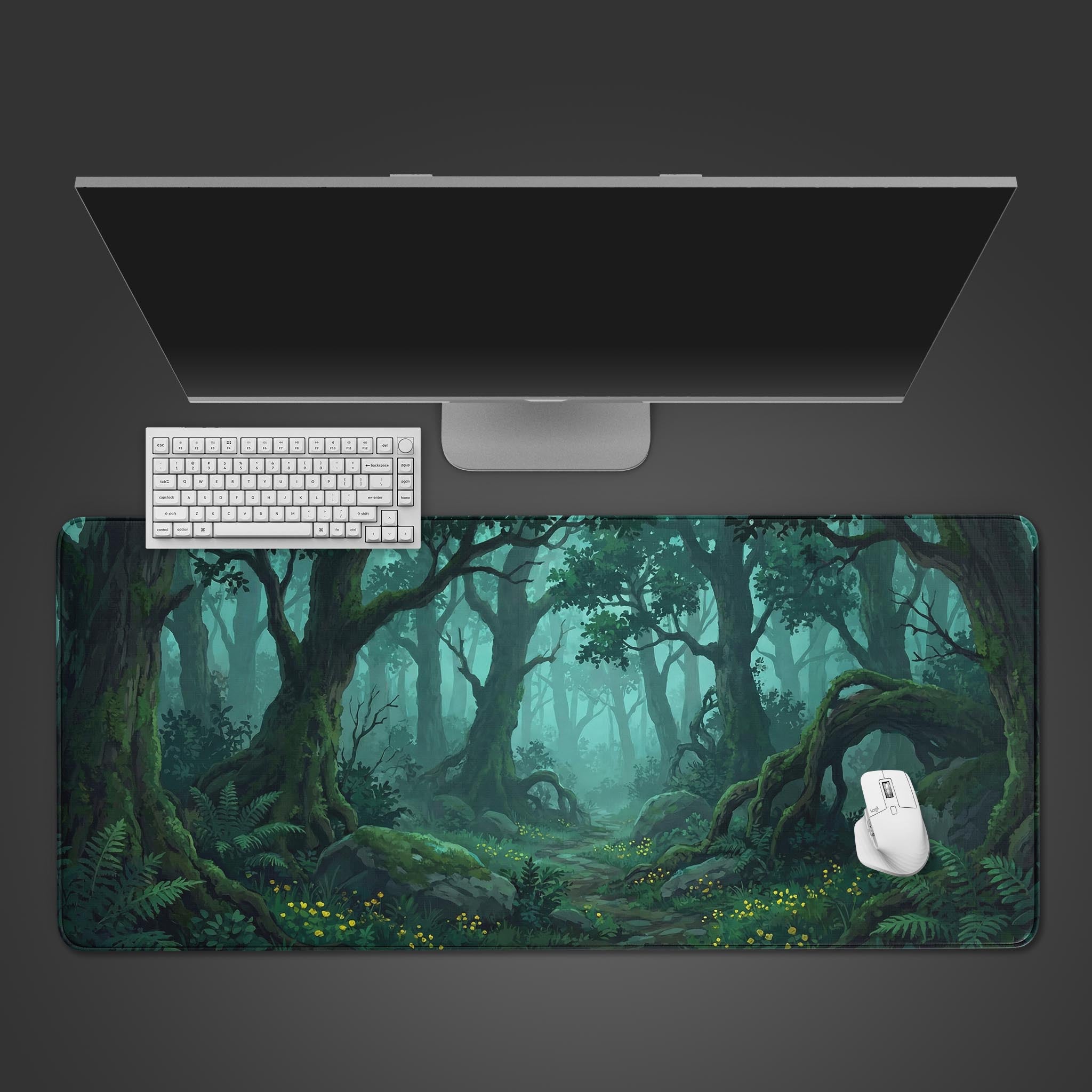 Verdant Path desk mat with a deep green forest design, shown in a top-down desktop view with a black keyboard and mouse. - Epic Design Pads & Mousepads