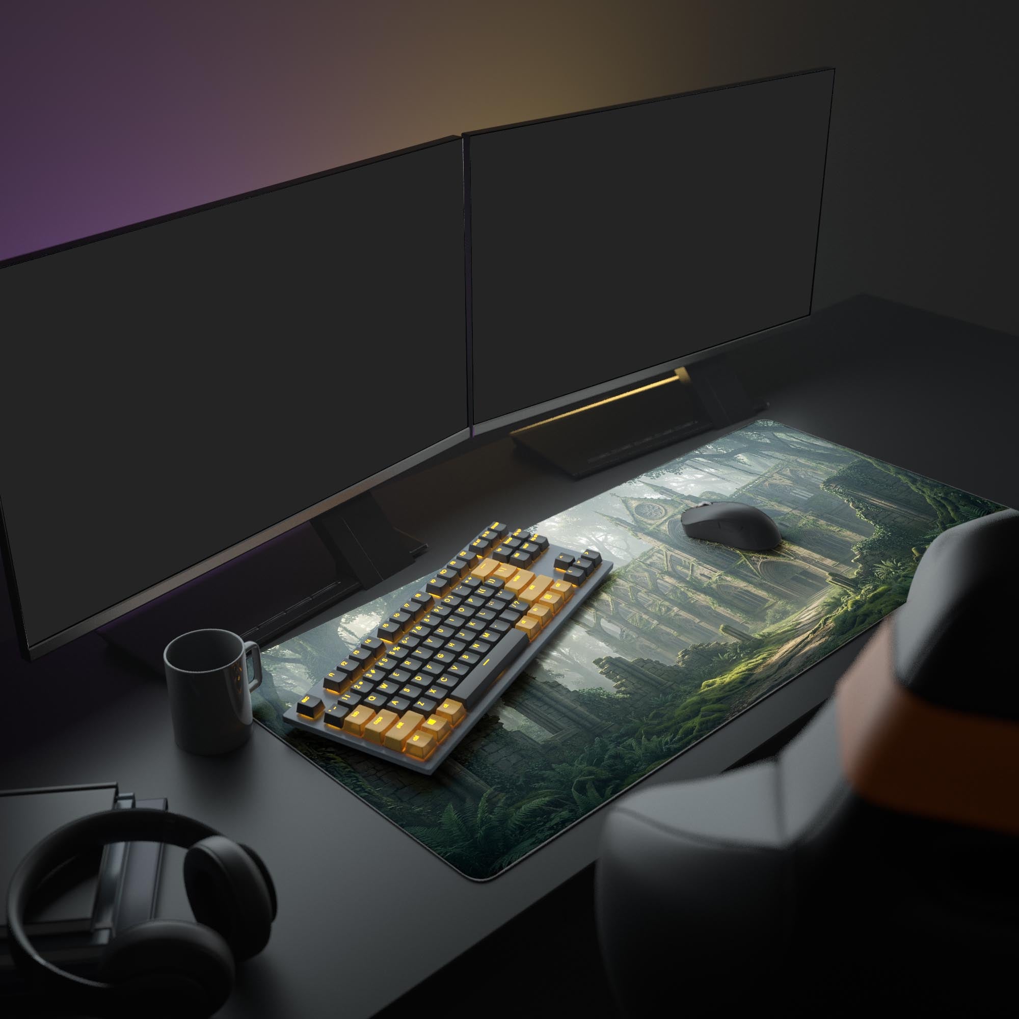 A full gaming setup featuring the Verdant Ruins desk mat, creating a Dark Academia aesthetic with multiple monitors and glowing peripherals. - Epic Design Pads & Mousepads