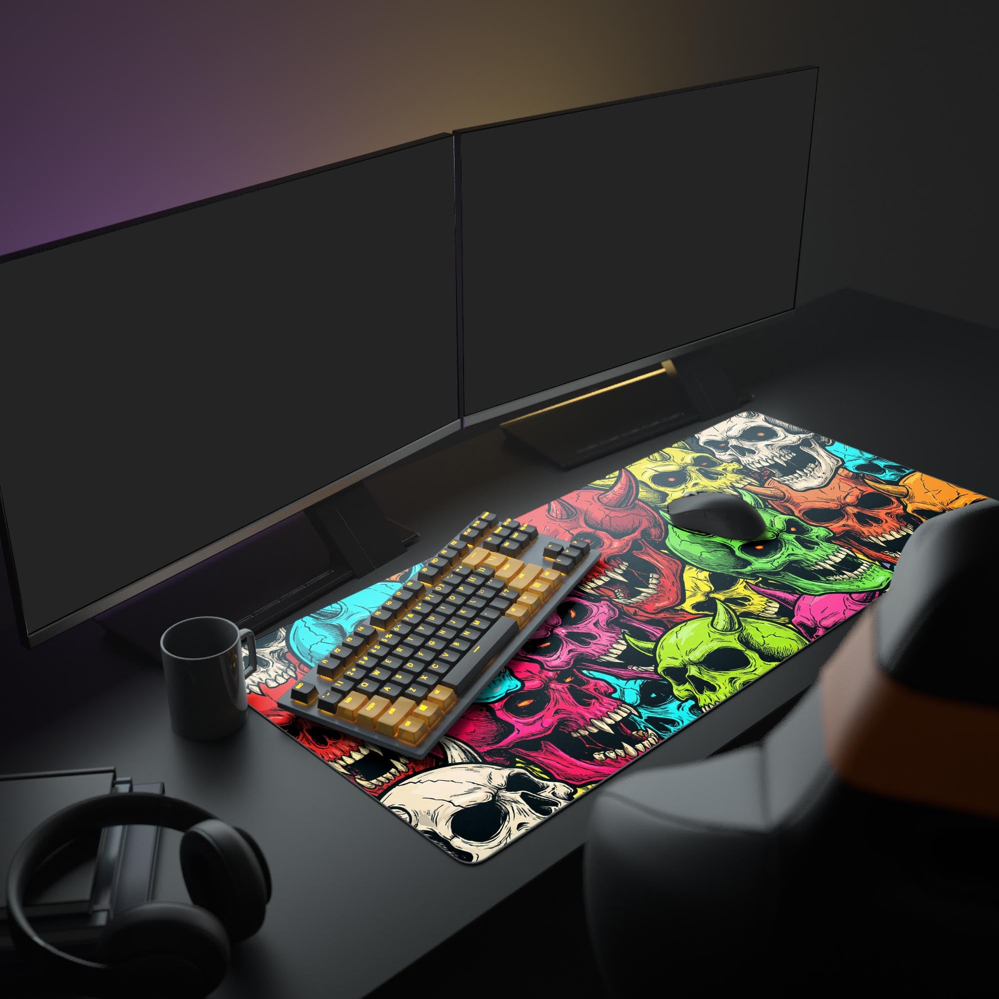 A full gaming setup showing the Vibrant Souls extended mouse pad under a glowing keyboard and multiple monitors, creating a bold, dark fantasy aesthetic. - Epic Design Pads & Mousepads