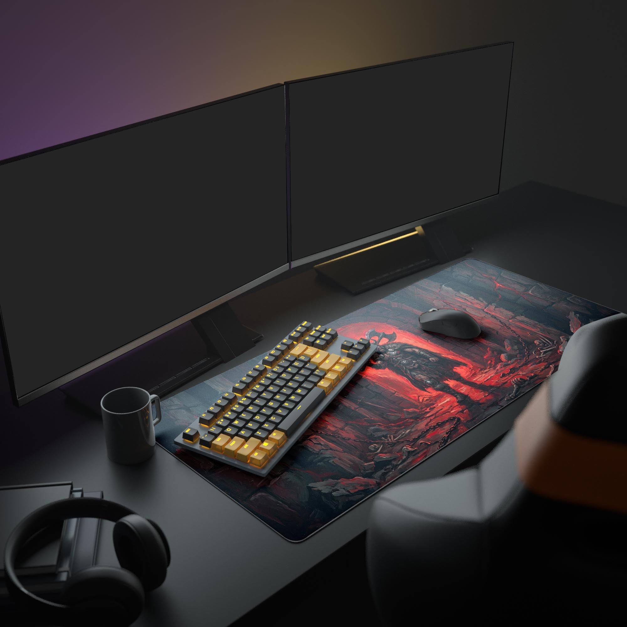 Large gothic gaming mouse pad featuring a barbarian with an axe and glowing red lights