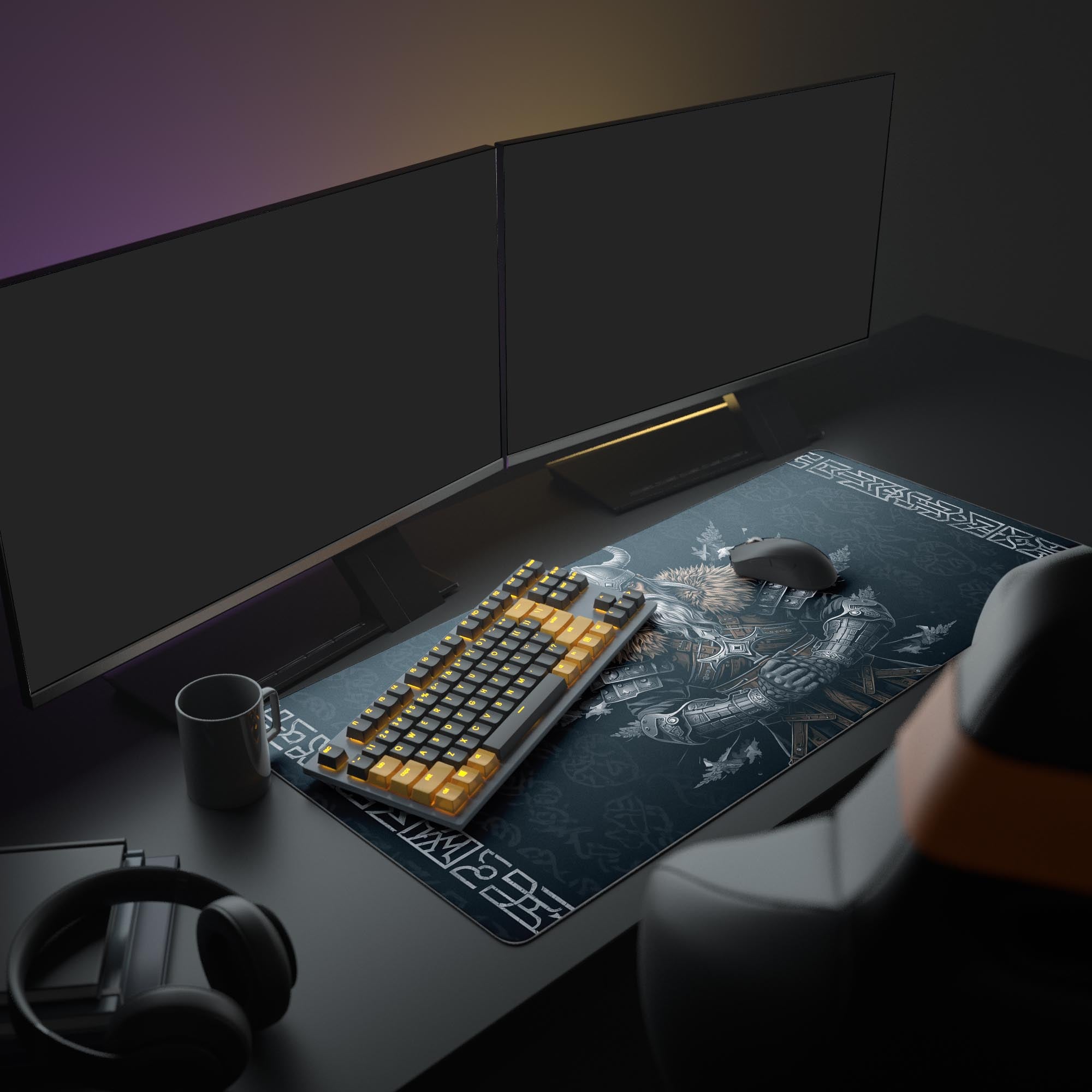 Large Viking gaming mouse pad with Norse warrior design, part of a gaming setup with dual monitors, mechanical keyboard, and headphones. - Epic Design Pads