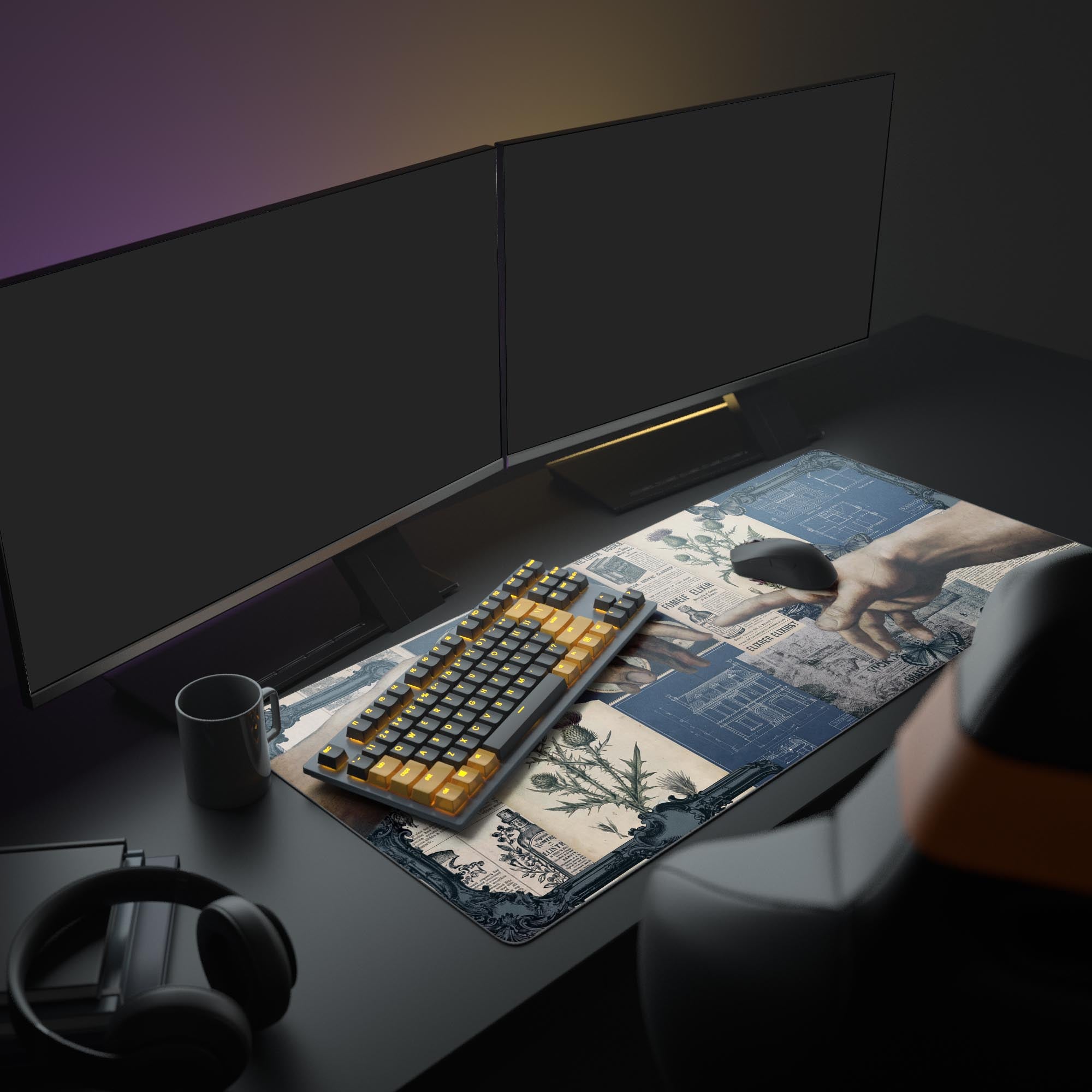 The Vintage Creation mouse pad creating a Dark Academia theme in a full computer setup, displayed under a monitor with keyboard and peripherals. - Epic Design Pads & Mousepads